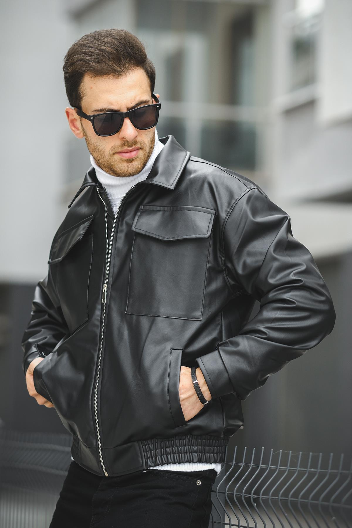 اوکسیت کاپشن چرمی مردانه سایز بزرگ Arsenio دو جیب و دارای جیب