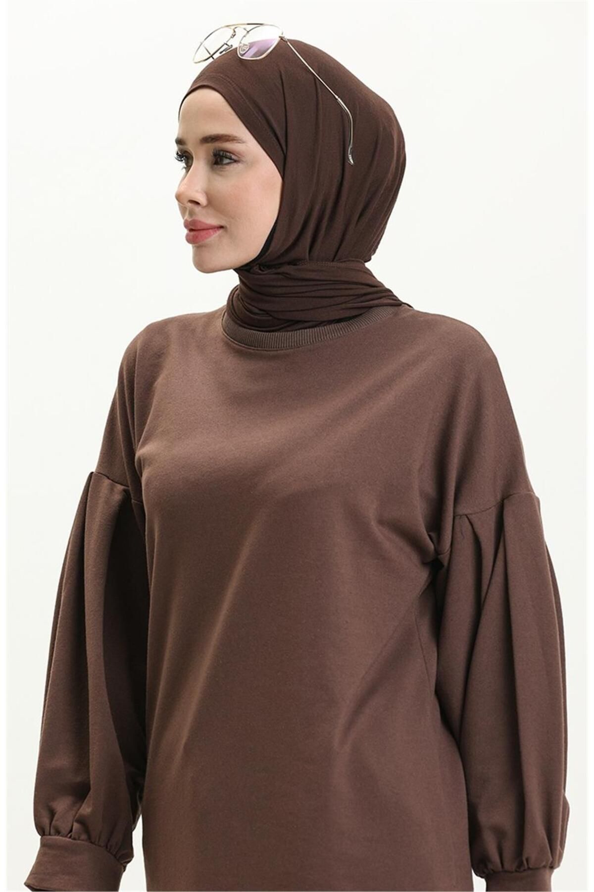 Bwest-Hira Balloon Sleeve Midi Size Plain Basic Sweatshirt - 03031 - Brown 5