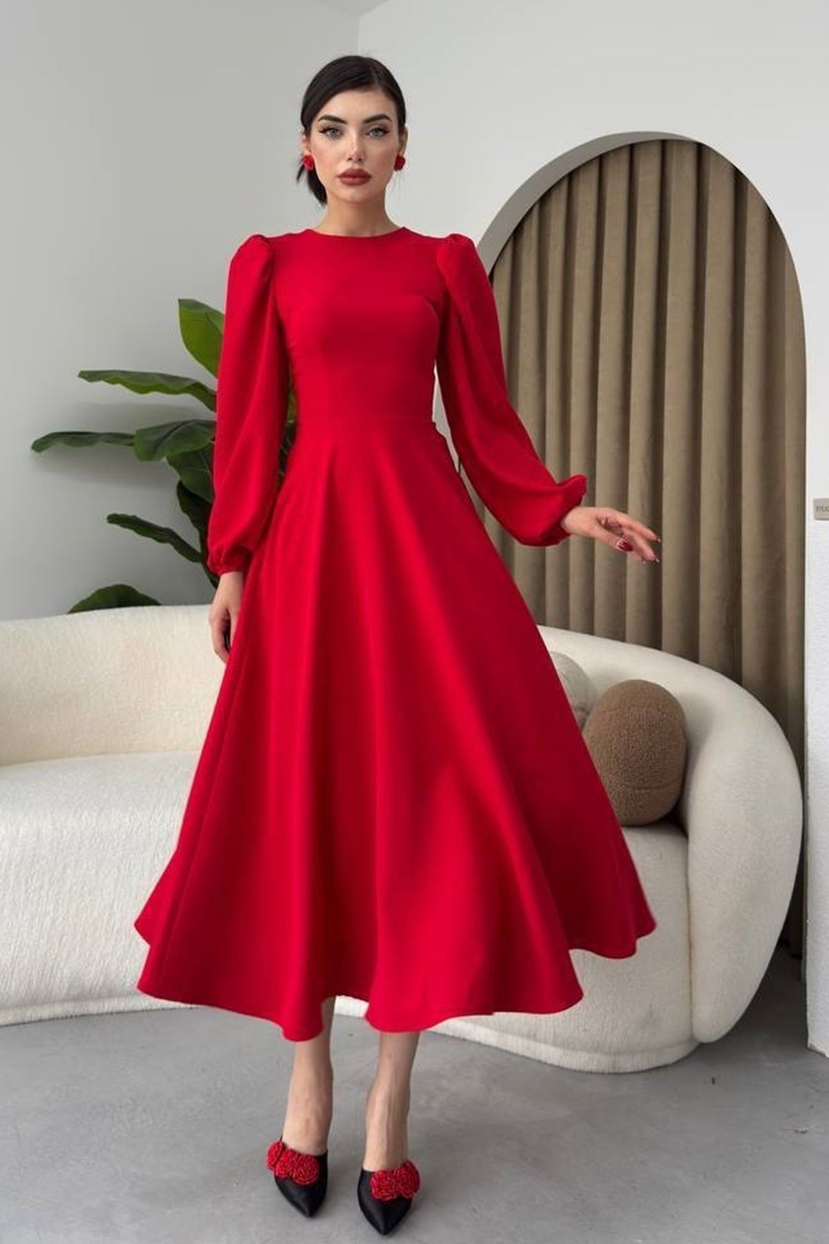 barış sülün lovebox-Women's Atlas Fabric Crew Neck Long Sleeve Red Midi Flared Evening Dress 280 7