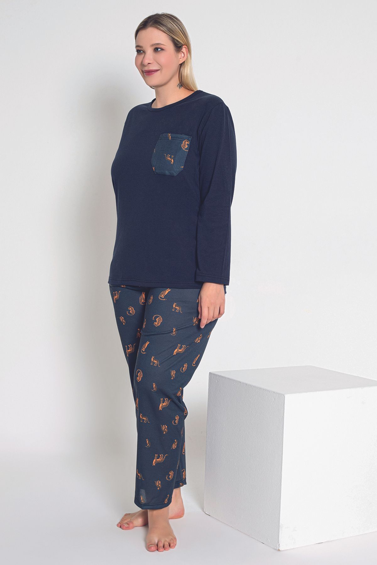 MyBen-Navy Blue Tiger Patterned Long Sleeve Women's Pajamas Set - B-54 2