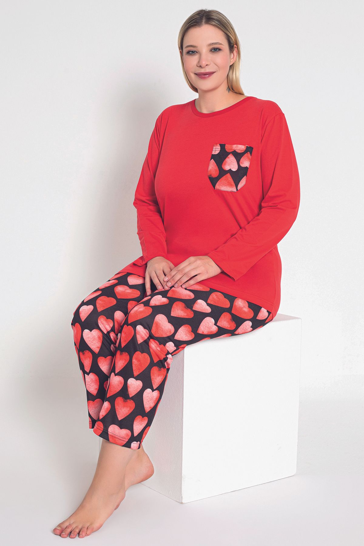 MyBen-Red Heart Patterned Long Sleeve Women's Pajamas Set - B-53 3