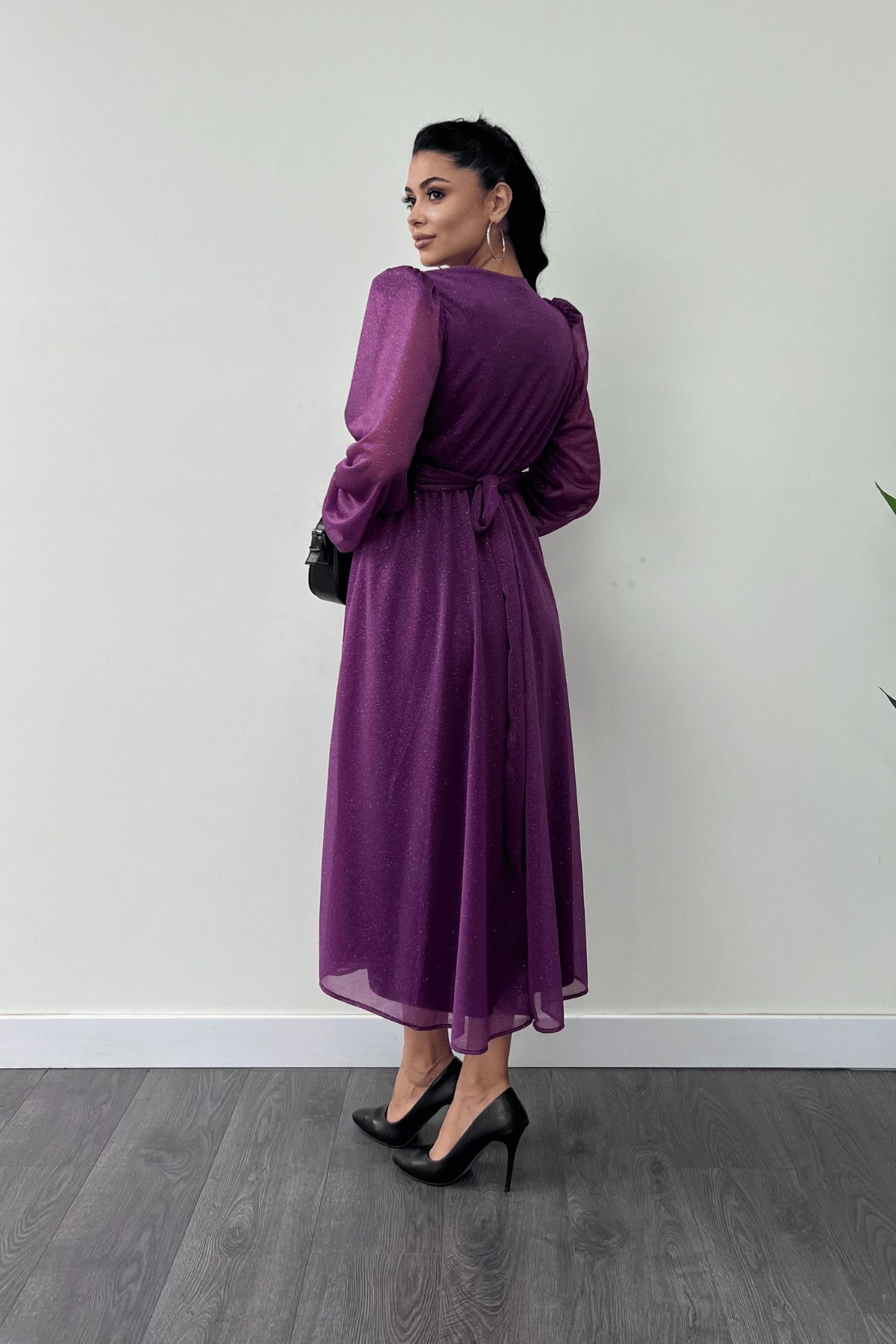 giyimmasalı-Glittery Tulle Fabric Belted Midi Dress - Purple 5