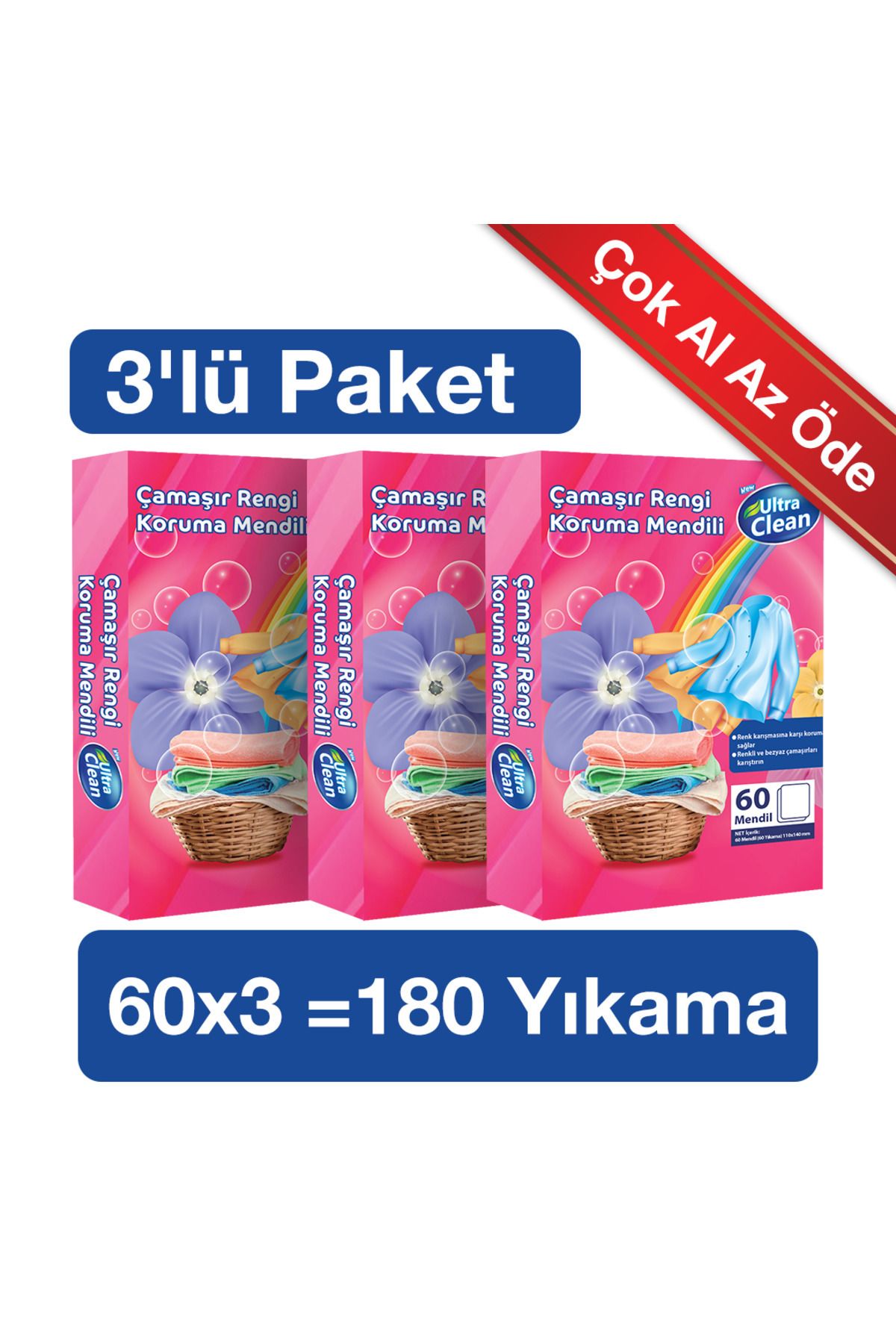 ultra clean Çamaşır Rengi Koruma Mendili - 60 Mendil - 3 Paket