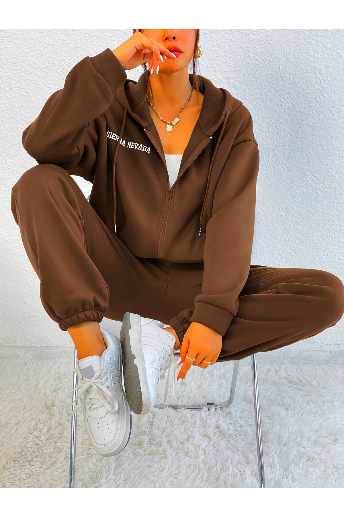 FoxSkin Sportswear&Company Kahverengi Sierra Nevada Fermuarlı Baskılı Oversize Alt Üst Eşofman Takımı Lastik Paça