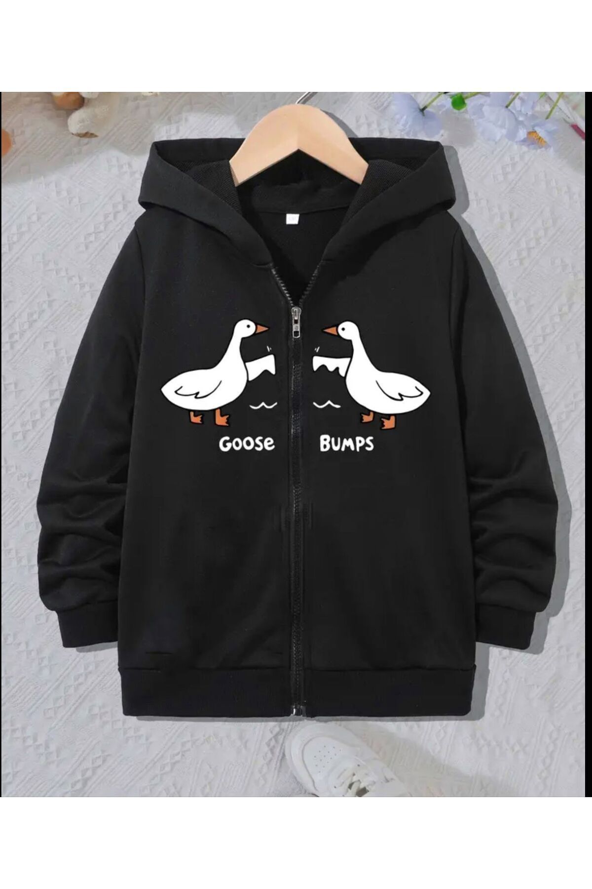 FoxSkin Sportswear&Company Goose Bumps Pamuklu Çocuk Fermuarlı Hırka - Siyah Baskılı Kız Erkek Çocuk Kışlık Kapüşonlu