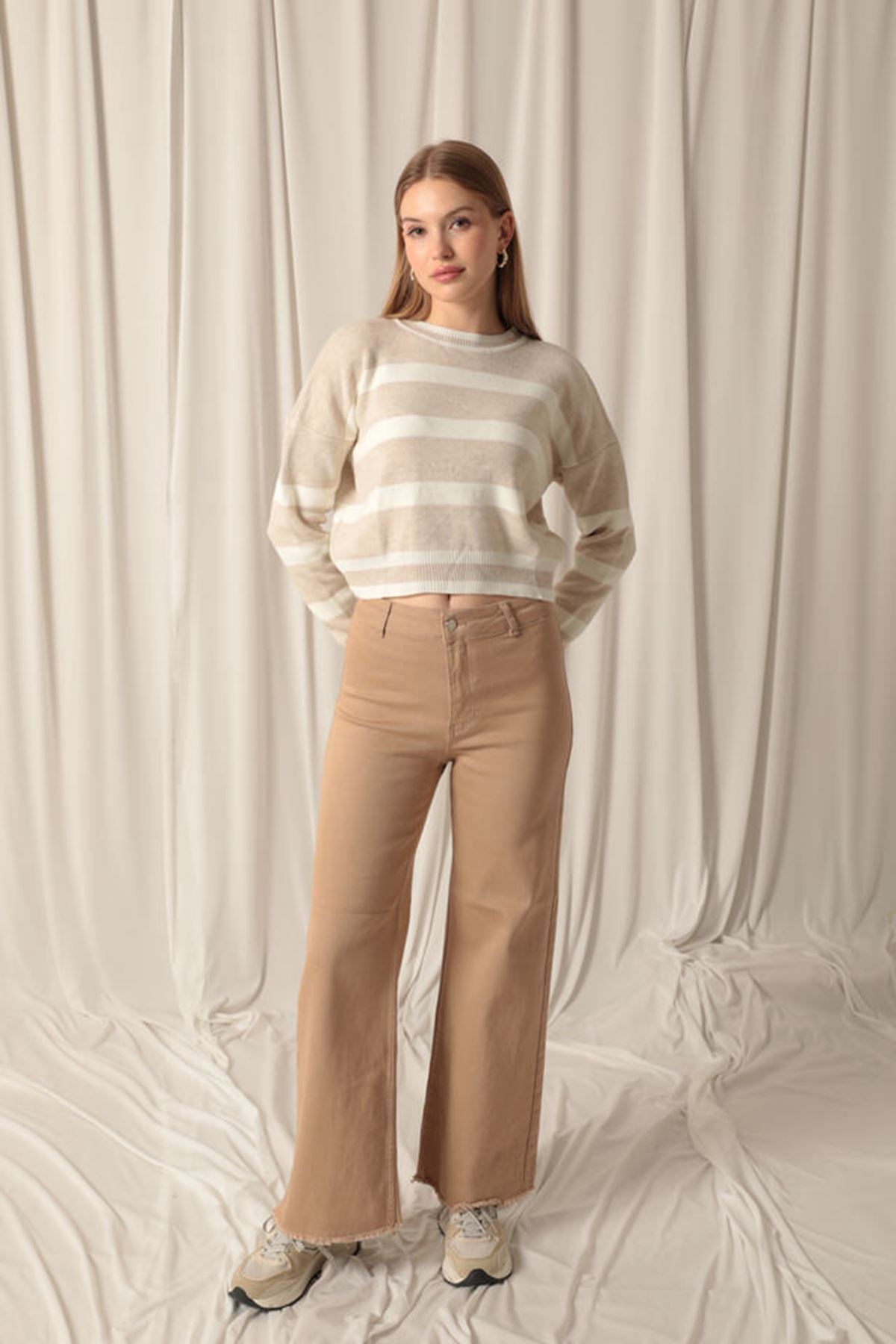 Graph Denim Kumaş Wide Leg Kot Bej Pantolon