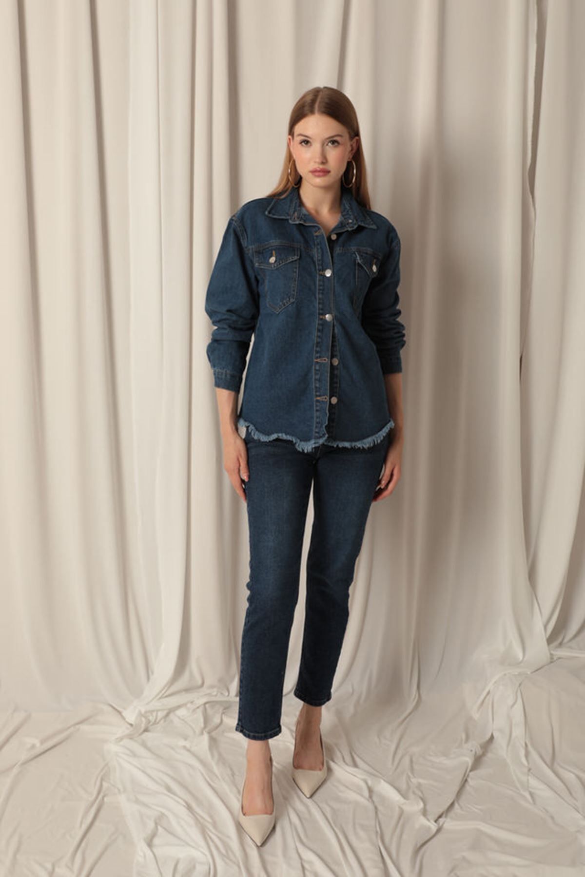 Graph Denim Kumaş Cep Detay Püsküllü Kadın Mavi Kot Ceket