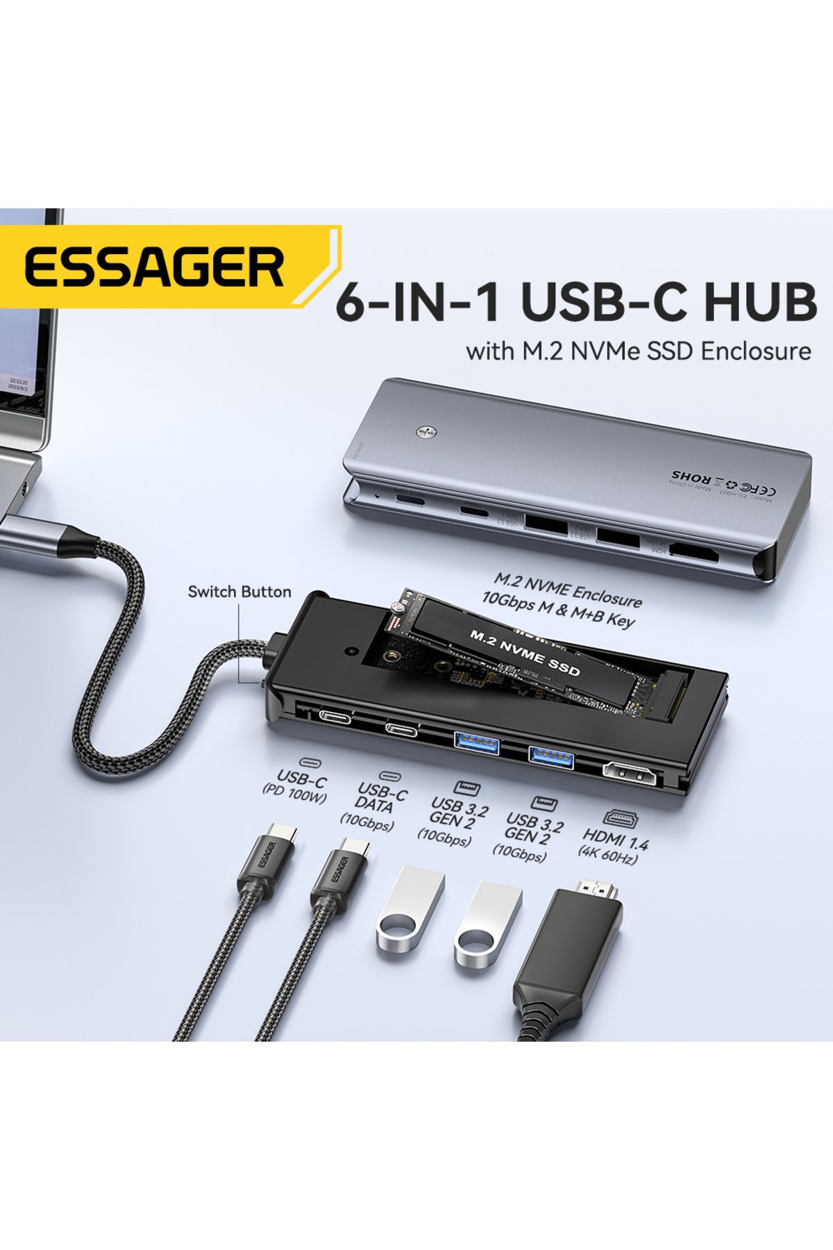 Choice-Essager USB C Hub With M.2 SSD Hard Disk Enclosure 6/7 in 1 PD100W USB3.2 10Gbps HDMI USB Type C ... 3