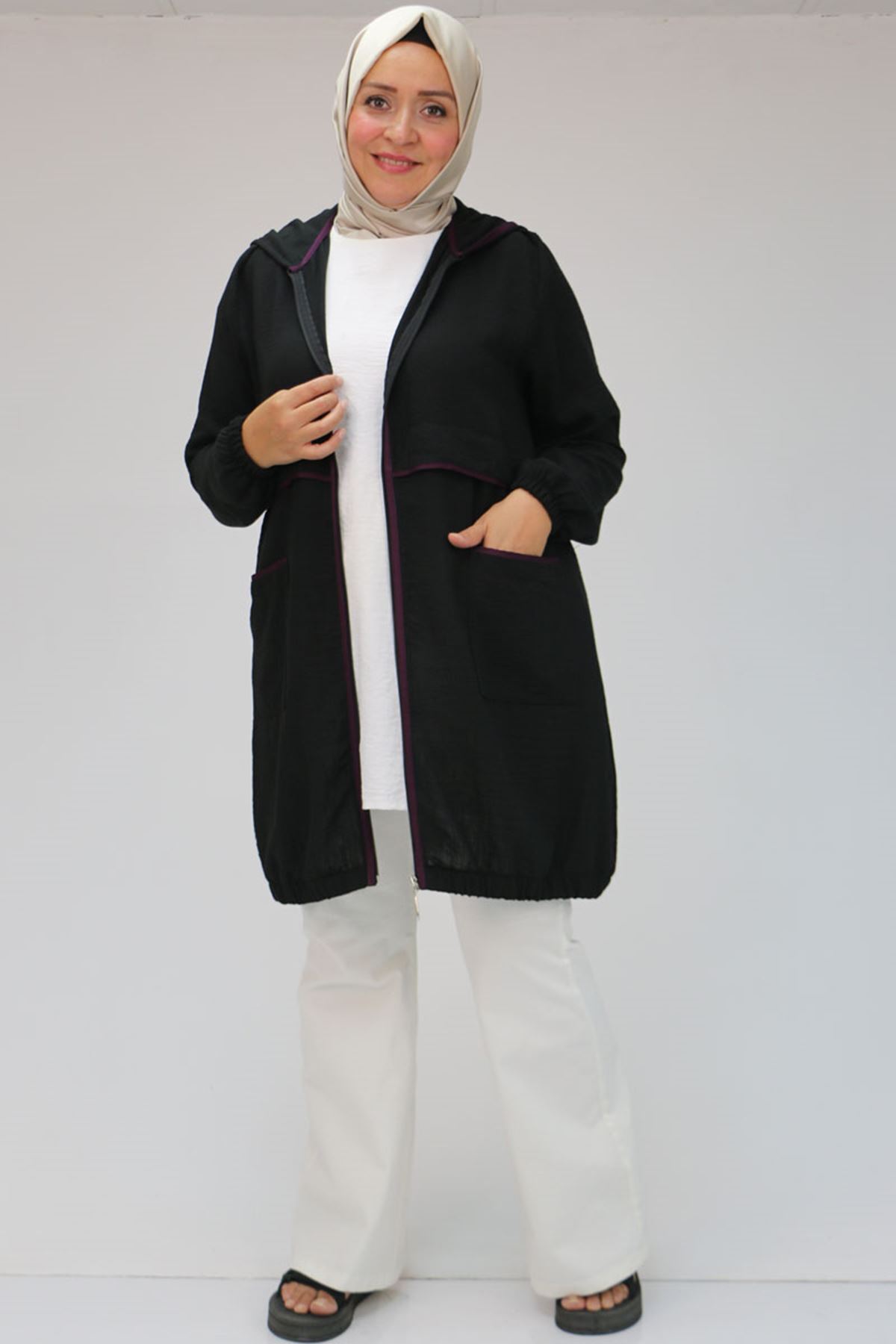 43032 Plus Size Piping Detailed Linen Cap - Black