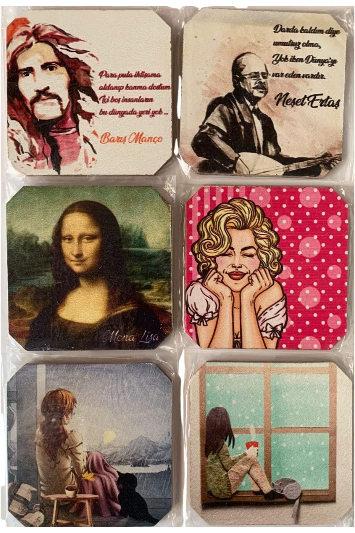 STOREMAX ysstorex Altlığı 6'lı Şans Butiği Ahşap Baskılı Doğa, Ünlüler, Sanat Eserleri, Mandala,