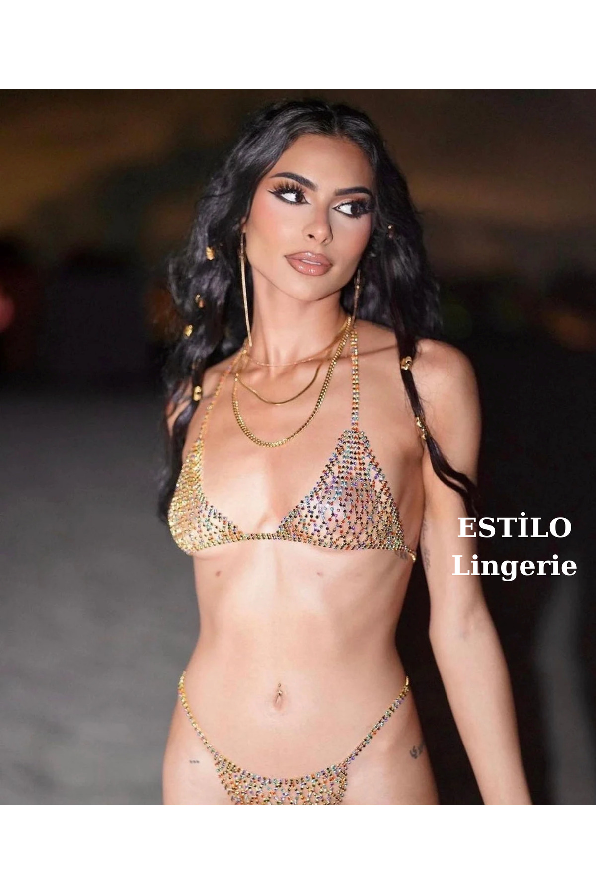 Gold Taşlı Luxury Su Yolu Vücut Takısı, Taşlı Bikini, Taşlı Sütyen Külot, Fantezi Iç Çamaşır Takımı