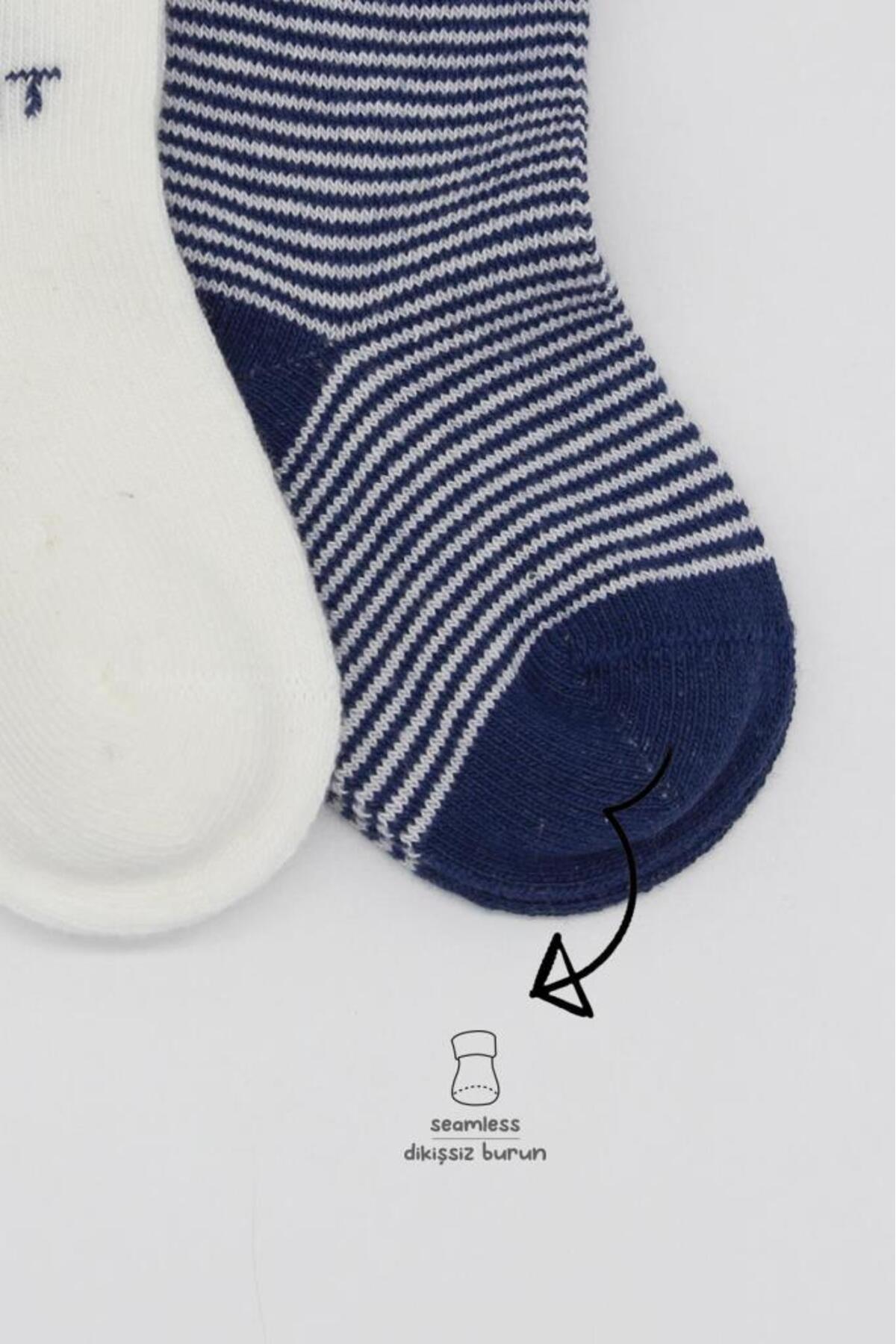 جورابهای پنبهای بافتهشده دو رنگ آبی سرمهای با طرح قلب بزرگ، بسته ۲ عددی Bs10117