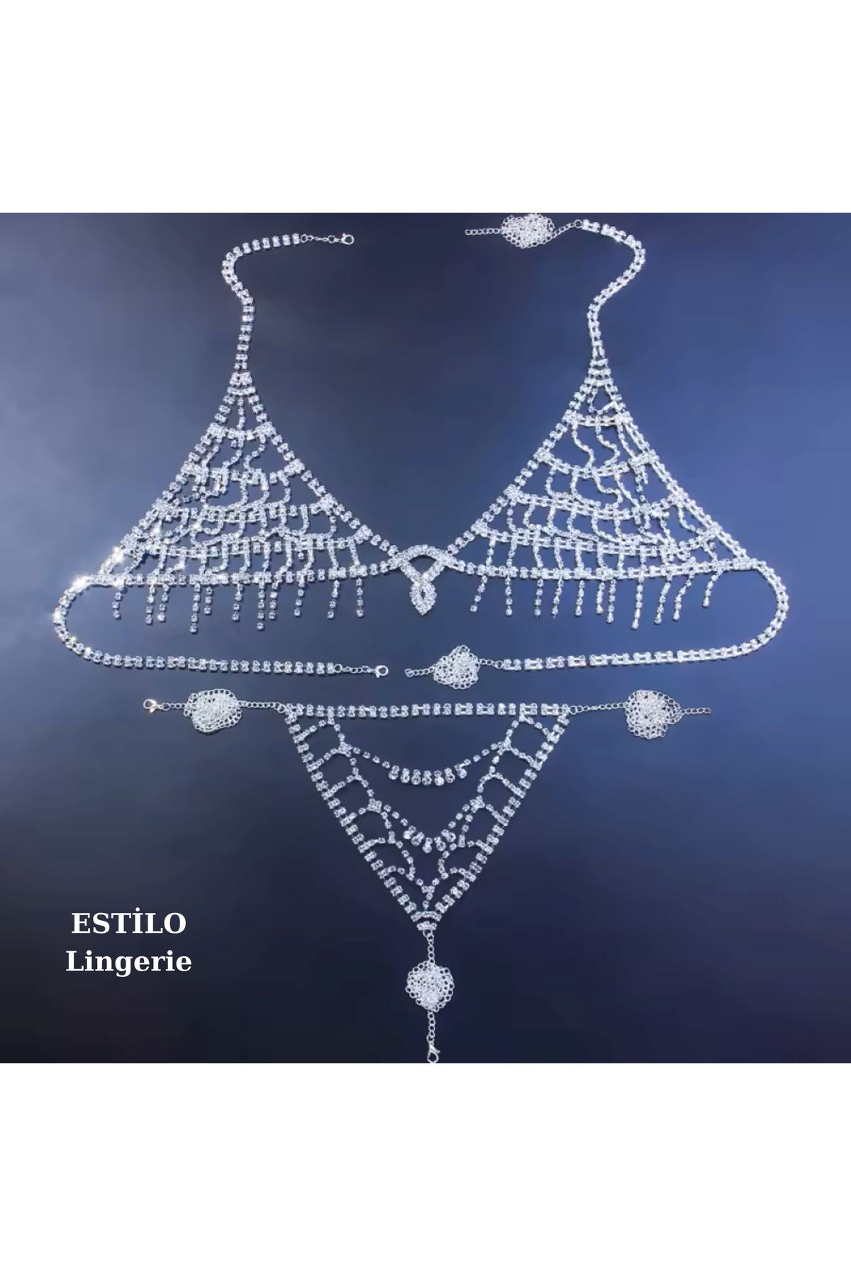 Taşlı Luxury Su Yolu Vücut Takısı, Taşlı Bikini, Taşlı Sütyen Külot, Fantezi Iç Çamaşır Takımı