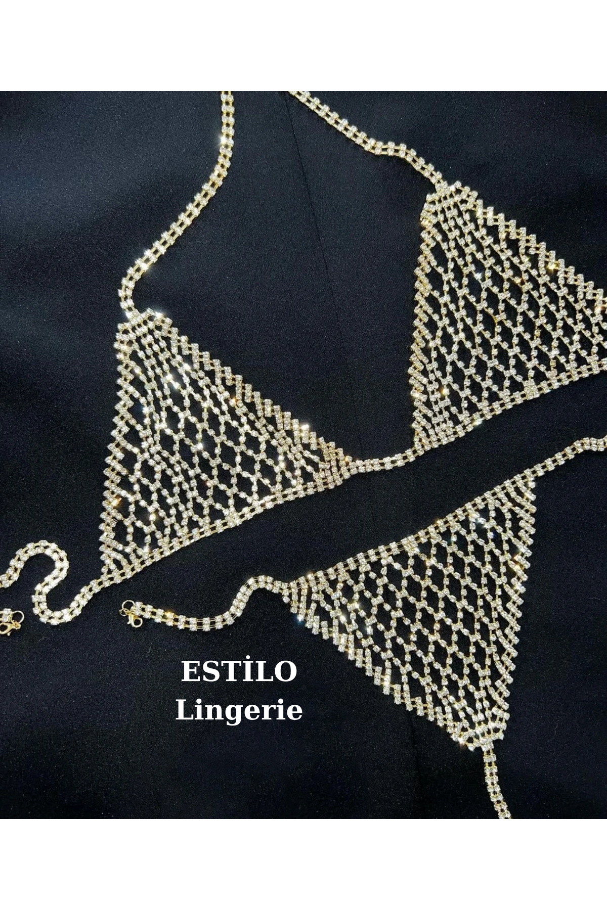 Gold Taşlı Luxury Su Yolu Vücut Takısı, Taşlı Bikini, Taşlı Sütyen Külot, Fantezi Iç Çamaşır Takımı