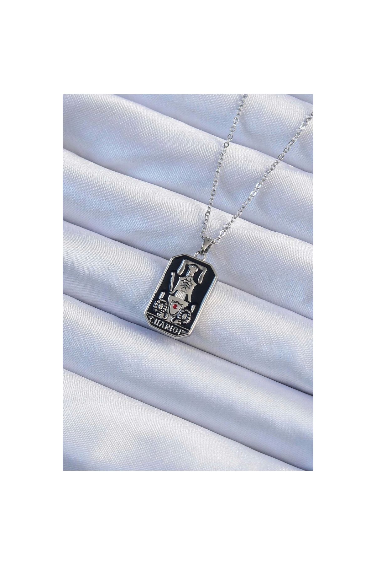 Narnuga 316L Çelik Zincir Gümüş Renk Siyah Mineli Tarot Kolye - TJ-BKO9246