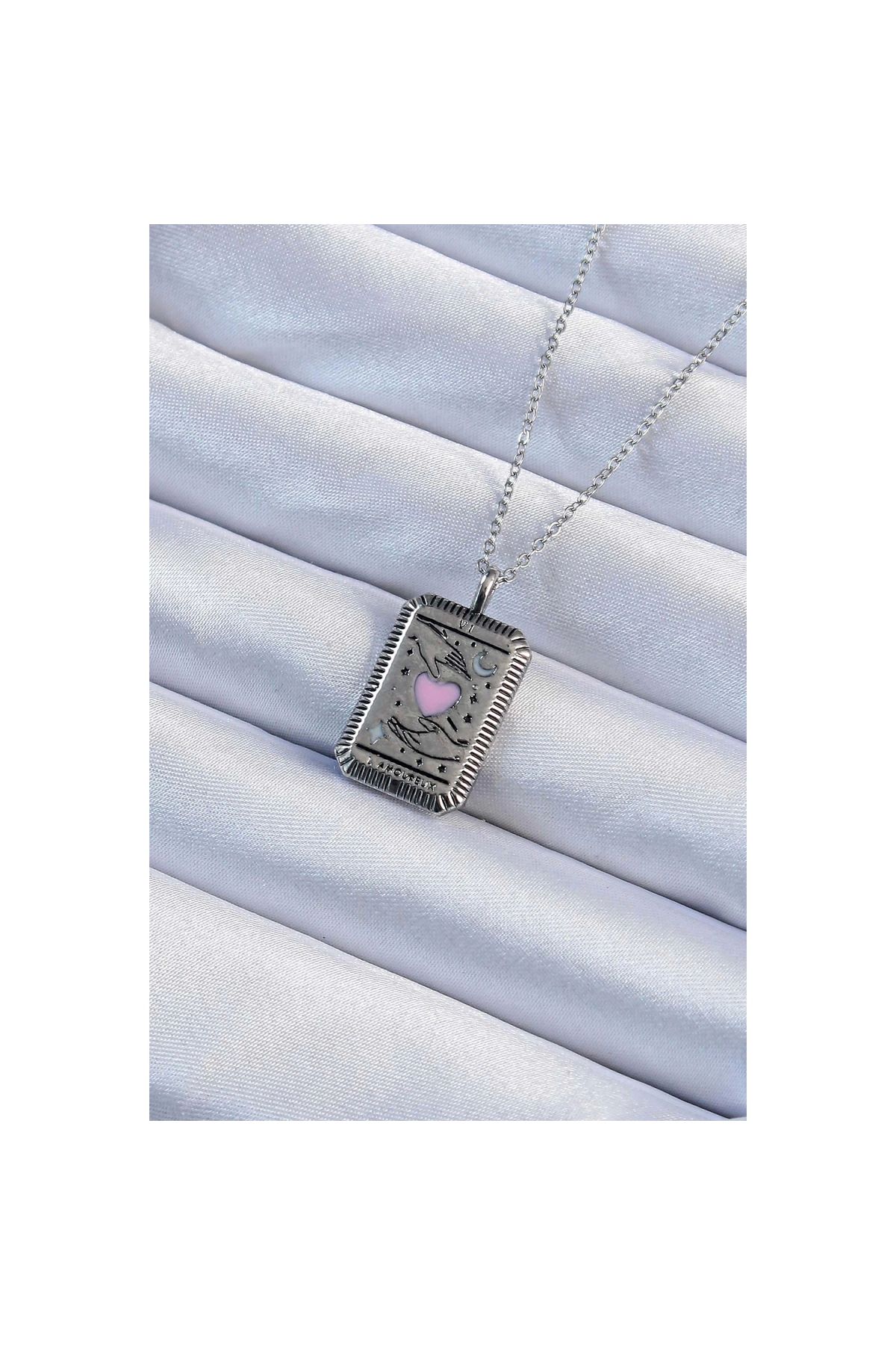 Narnuga 316L Çelik Zincir Eskitme Gümüş Renk Pembe Mineli Kalp Figürlü Tarot Kolye - TJ-BKO9232