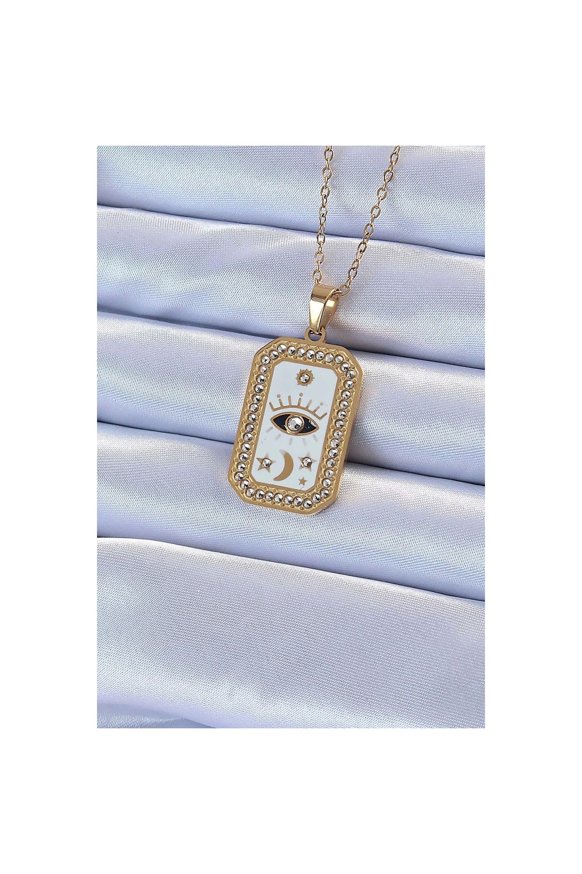Narnuga 316L Çelik Zincir Altın Renk Mineli Zirkon Taşlı Göz Figür Tarot Kolye - TJ-BKO9215