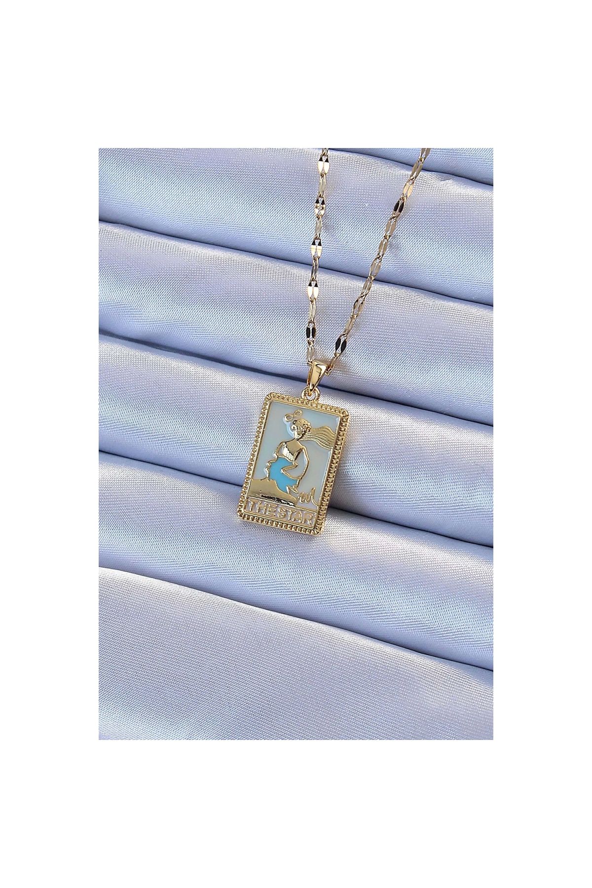 Narnuga 316L Çelik Zincir Altın Renk Mavi Mineli Tarot Kolye - TJ-BKO9211