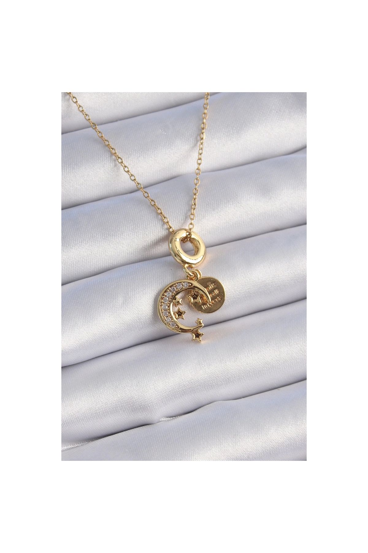 Narnuga 316L Çelik Gold Renk Zirkon Taşlı Ay Yıldız Model Charm Model Kadın Kolye - TJ-BKO9312