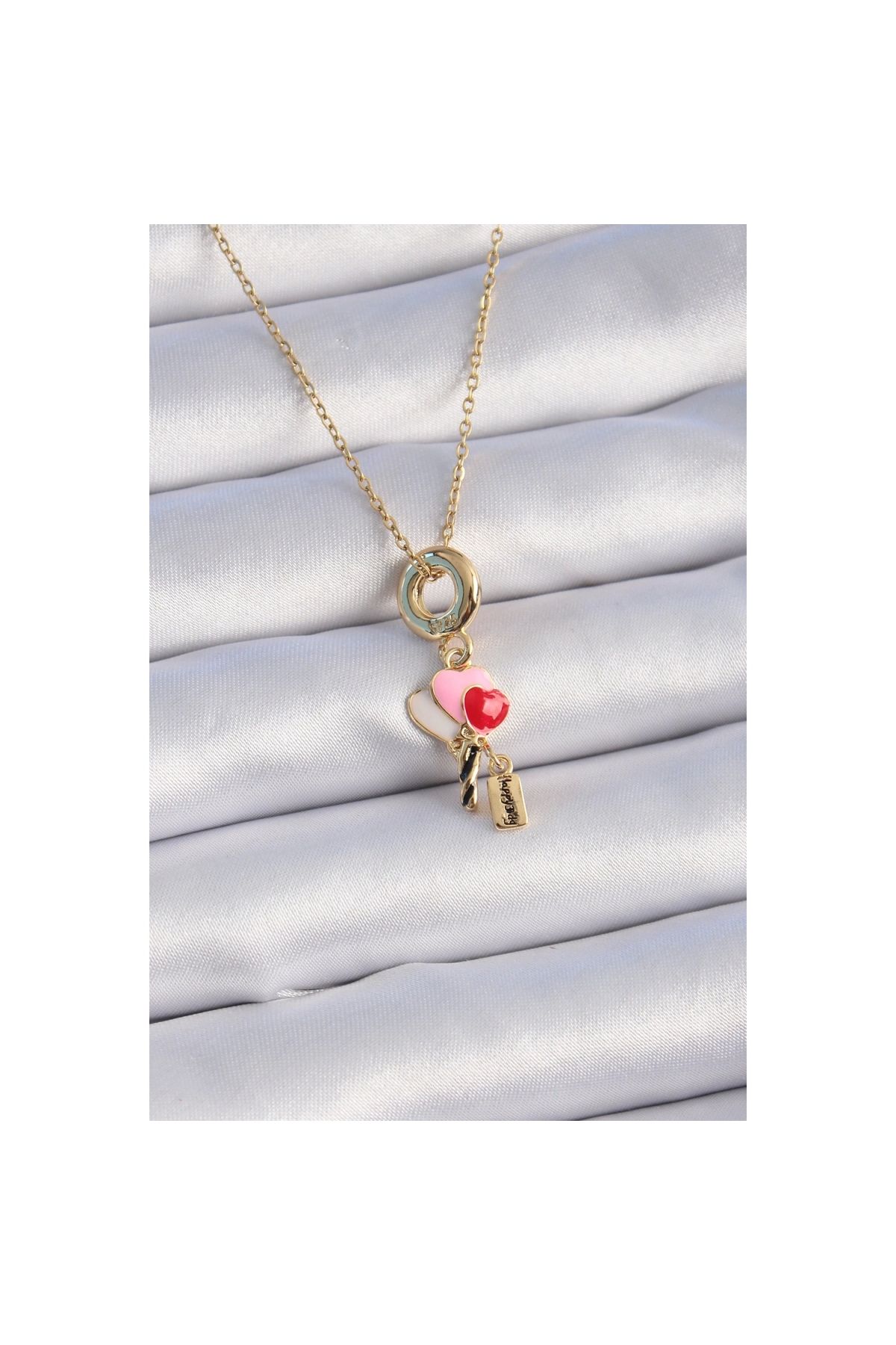Narnuga 316L Çelik Gold Renk Renkli Kalp Figür Charm Model Kadın Kolye - TJ-BKO9320