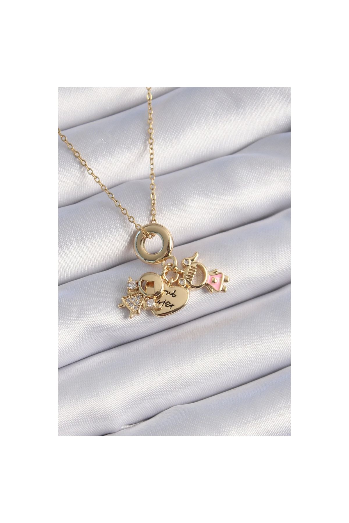 Narnuga 316L Çelik Gold Renk Zirkon Taş Detay Çocuk Figür Charm Model Kadın Kolye - TJ-BKO9324