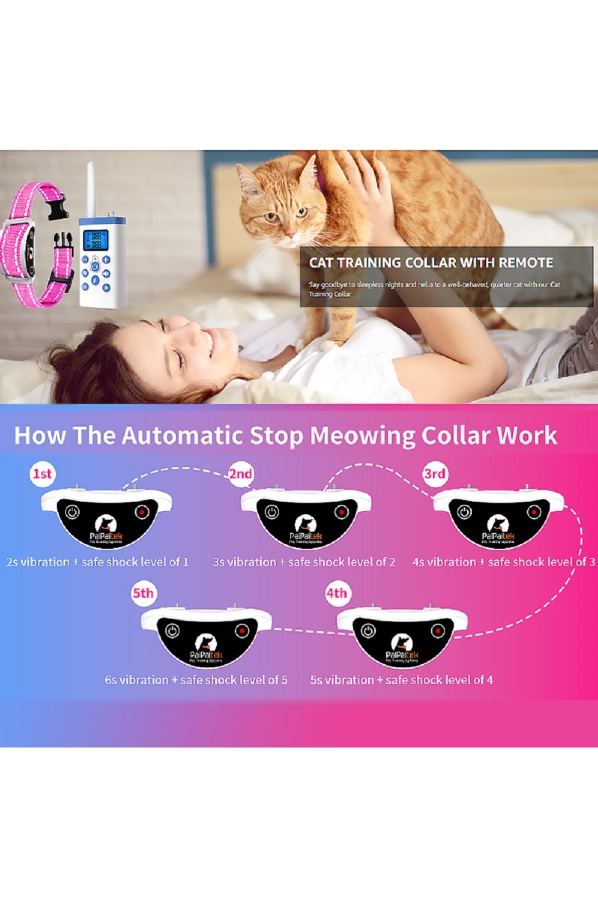 PaiPaitek-Cat Training Collar with Remote ,Cat Shock Collar,Cat Stop Meowing Collar,Remote Traini... 3