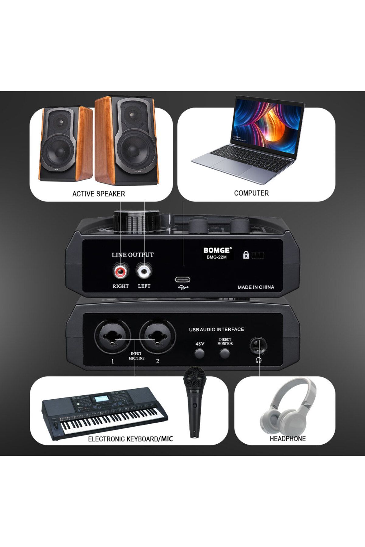BOMGE-mini 2 Channel USB Audio Interface sound card Recording Streaming and Podcasting with XLR/4... 3