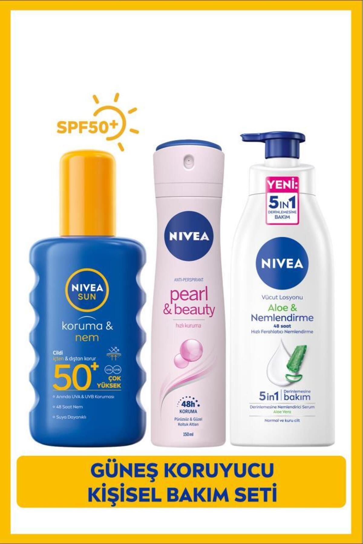 NIVEA Sun Güneş Koruyucu Vücut Spreyi Spf50 200ml, Aloe Vera Vücut Losyonu 400ml, Sprey Deodorant 150ml