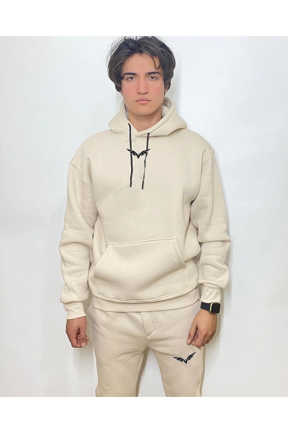 LUNAVISTA-Wing Eagle Front Top Bottom Printed Ecru Hoodie Sweatshirt and Ecru Sweatpants Oversize 1