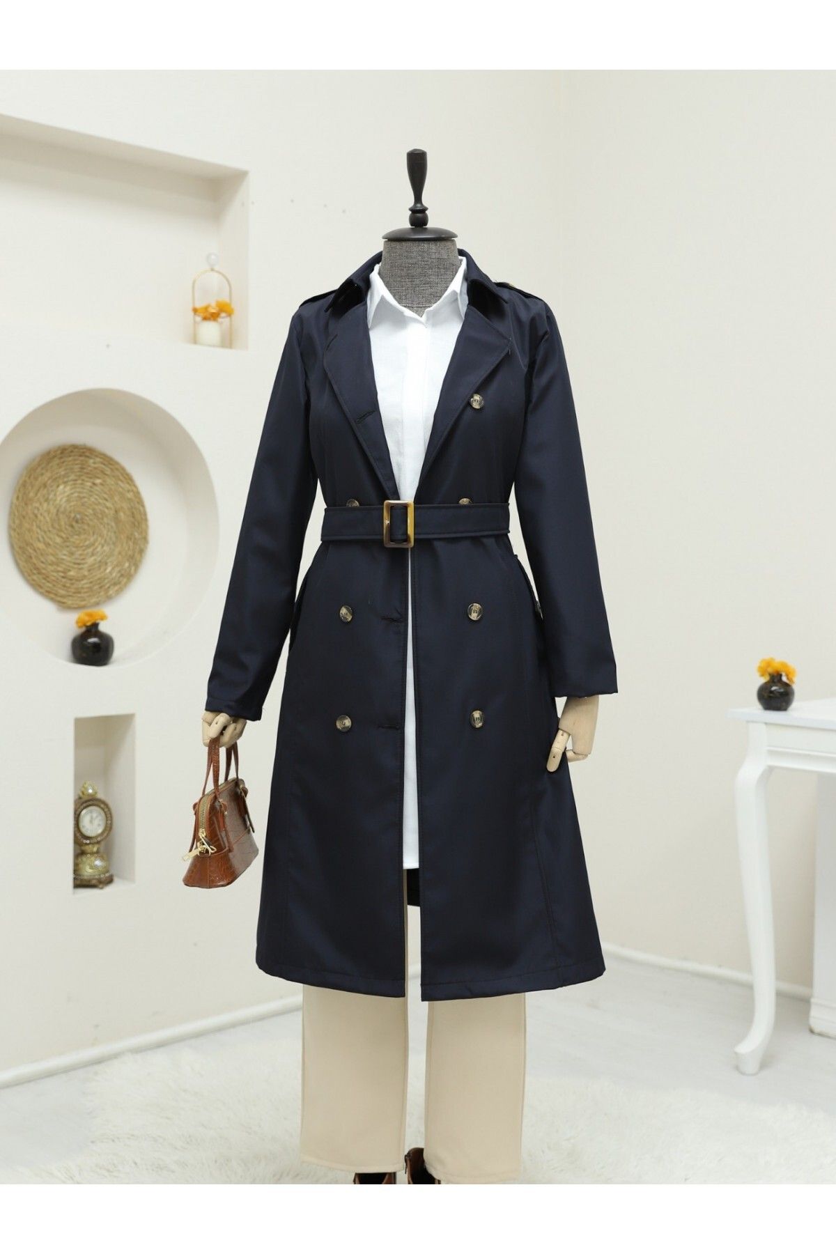 Modamorfo-Marineblauer Trenchcoat mit Knöpfen und Gürtel 2