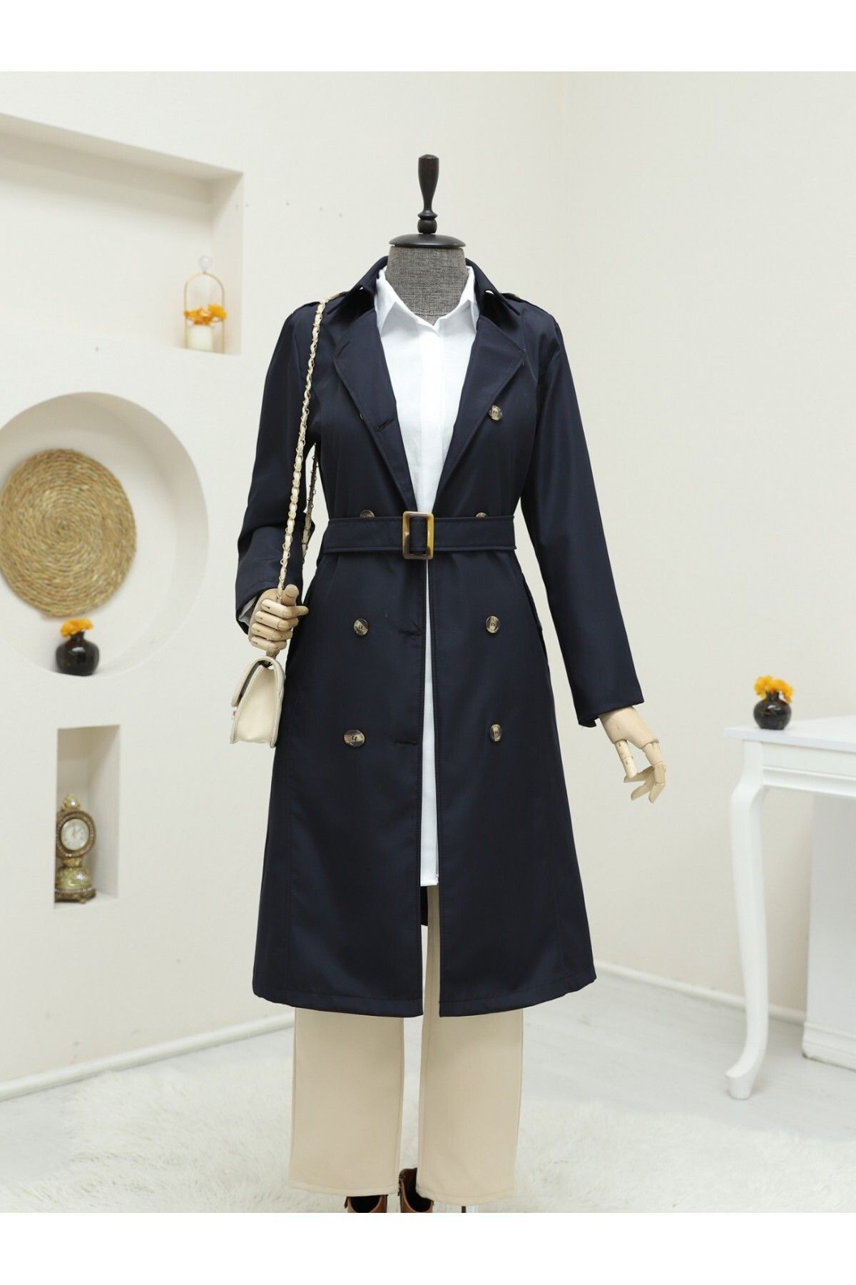 Modamorfo-Marineblauer Trenchcoat mit Knöpfen und Gürtel 6