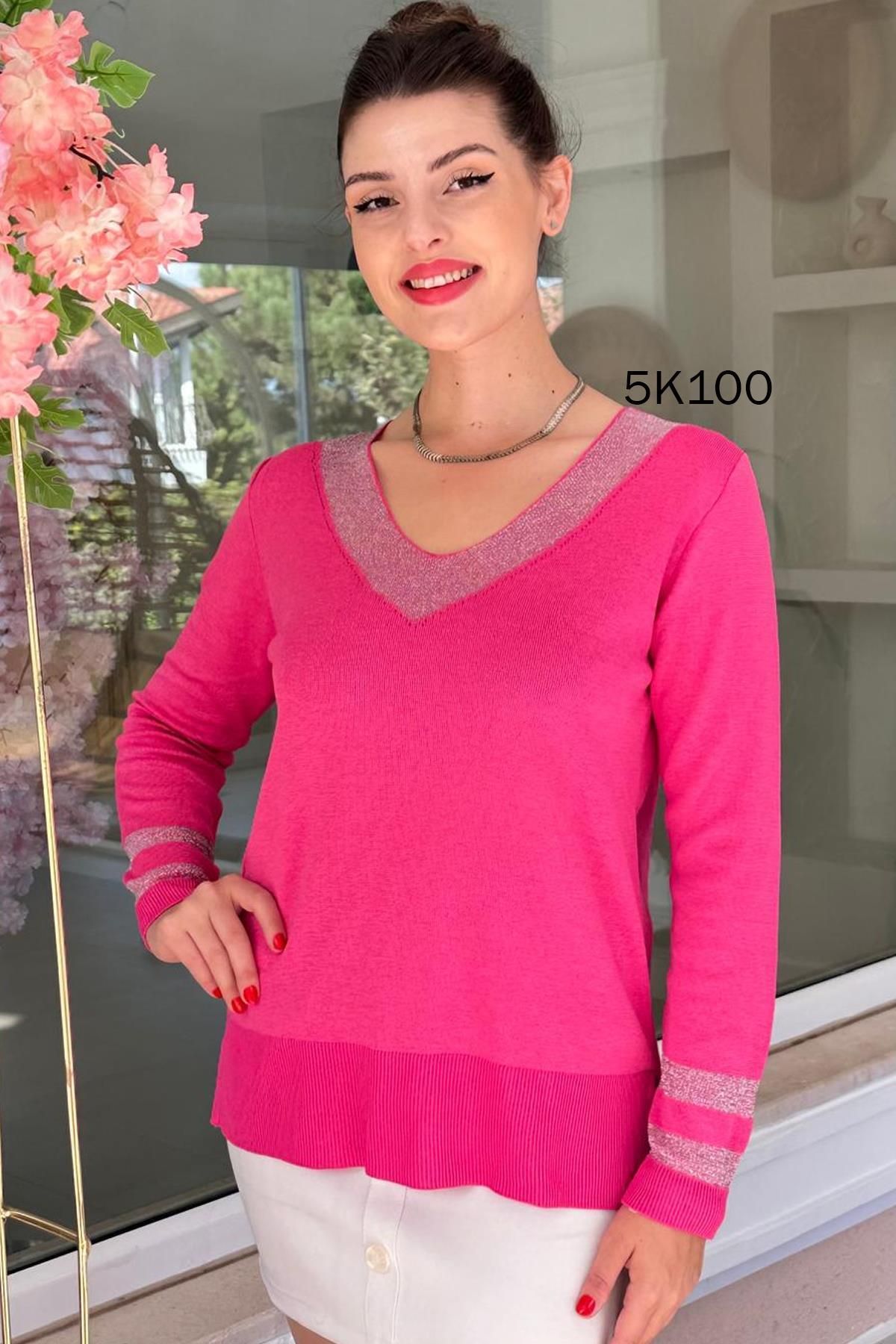 İnce Topuk-Glittery V-Neck Knitwear Blouse - 5K100 1