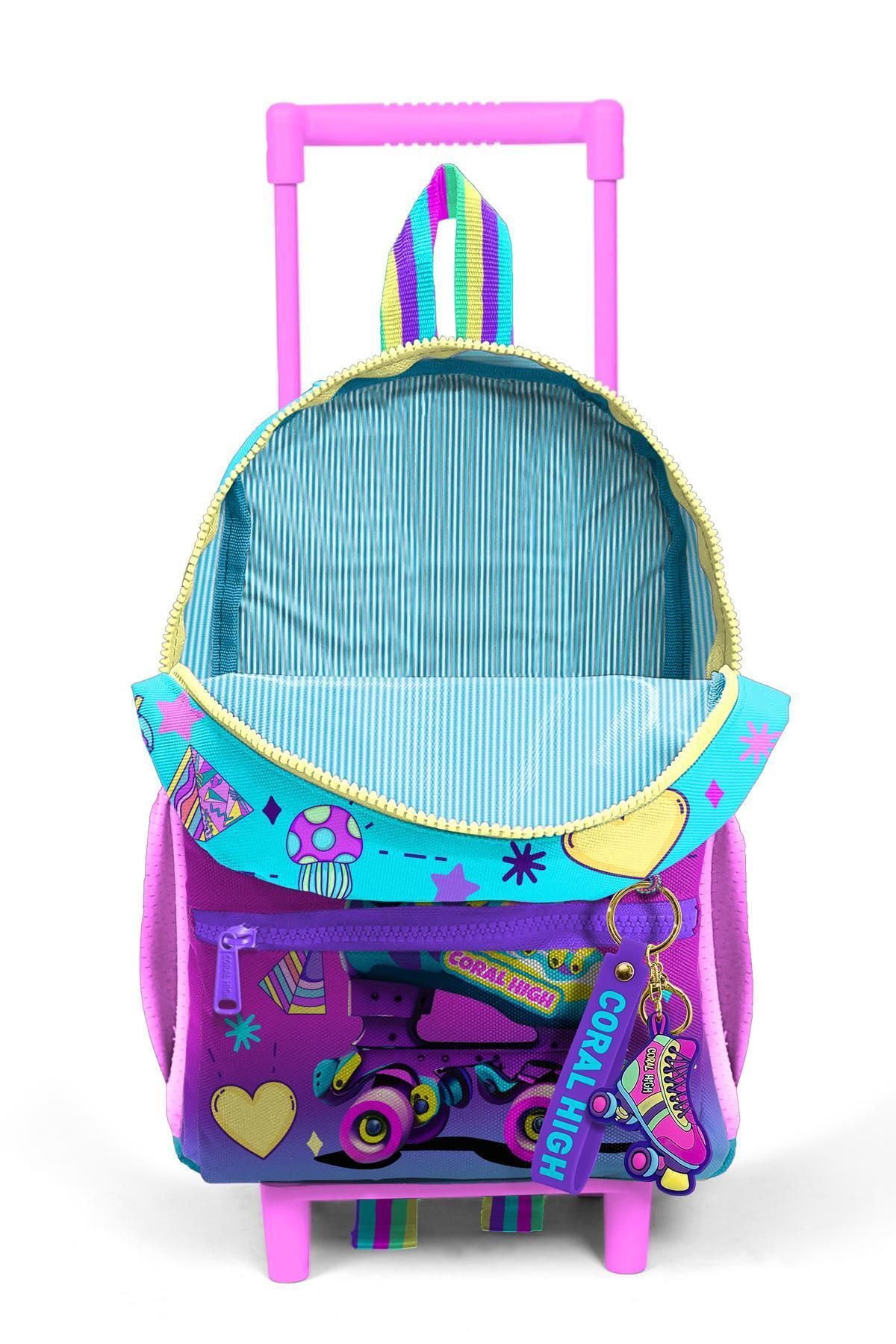 Coral High-Pink Turquoise Tiny Nest Backpack - Squeegee and Skate Pattern, Two Compartments 24054 4