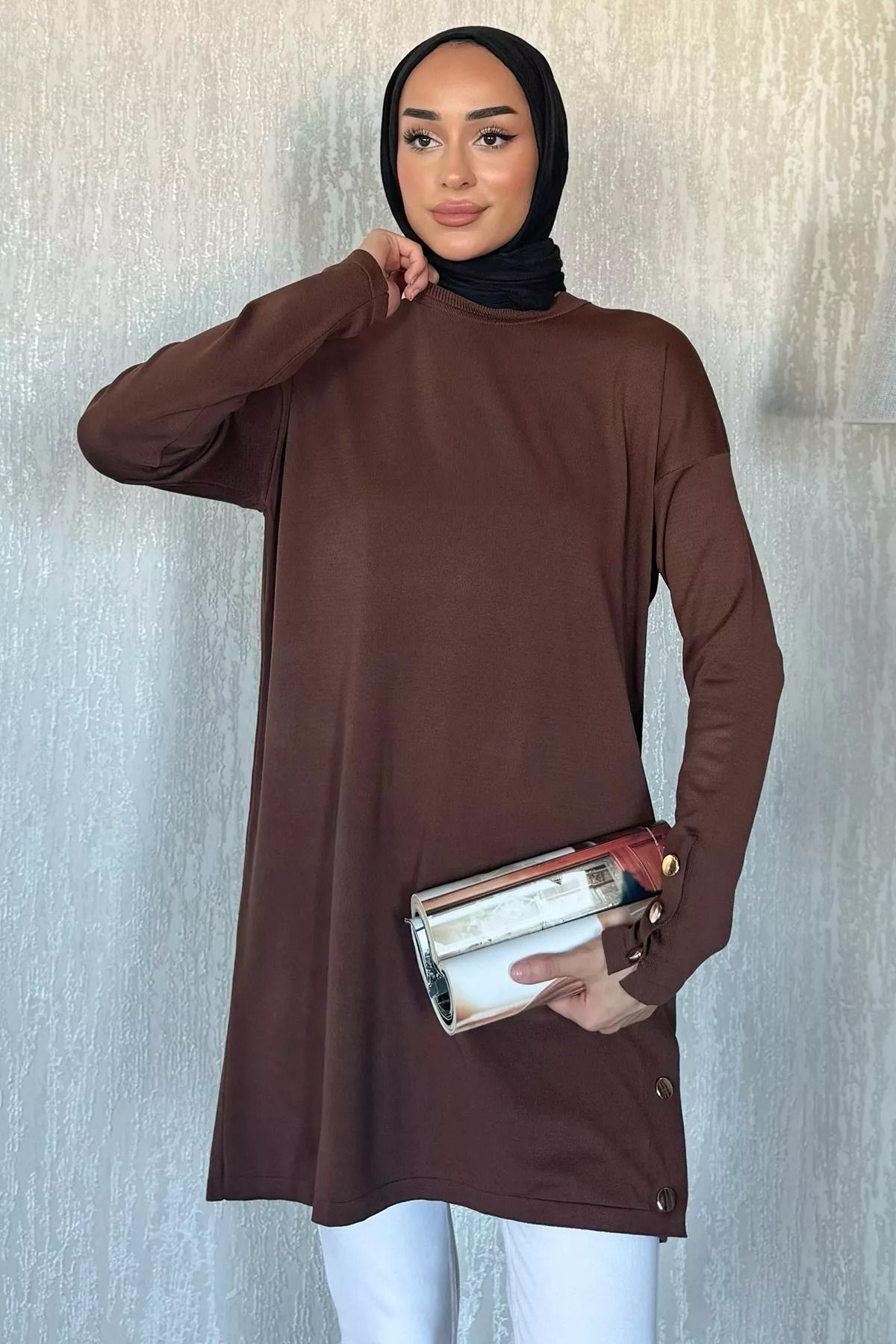 julude-Brown Skirt Buttoned Hijab Tunic 5