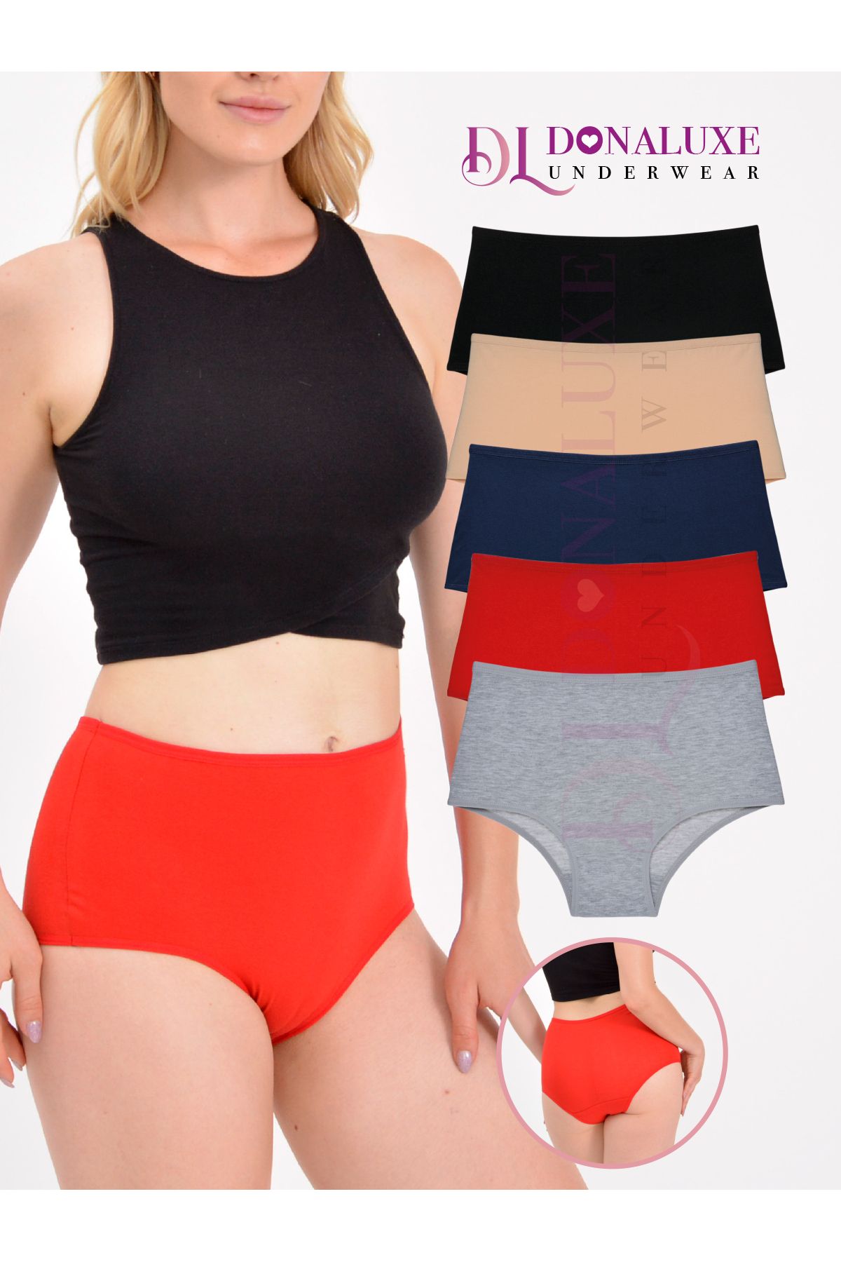 une femme de taille haute noir bleu foncé rouge gris coton linge doux cinq sous vêtements