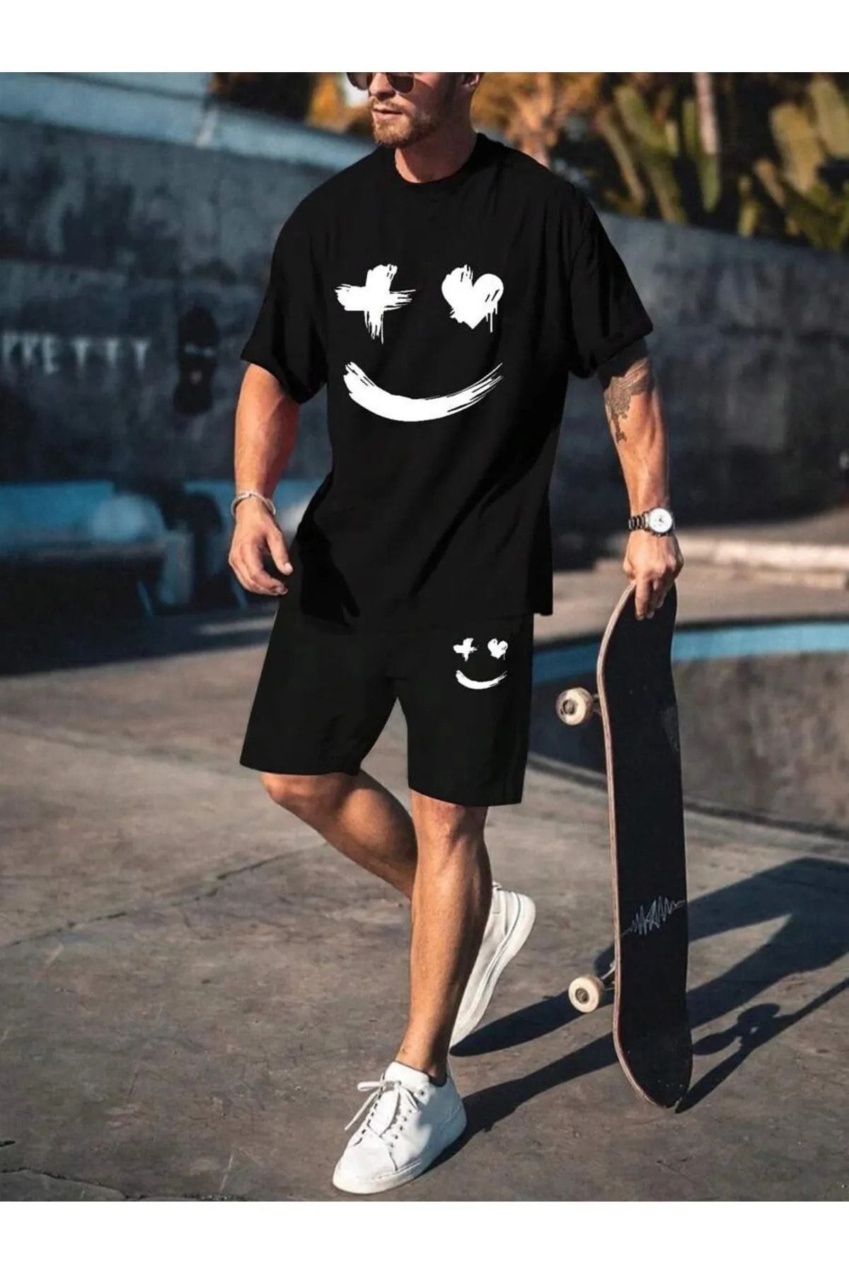 Mythologie Smiley Face T-shirt Şort - Siyah Şortlu Tişört Alt Üst Takım Baskılı Oversize Bisiklet Yaka