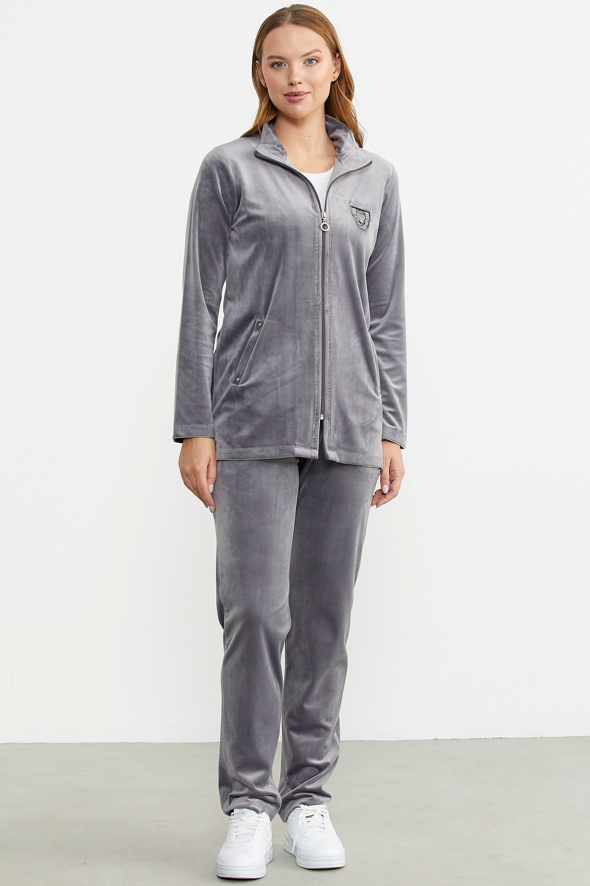 Sementa-Gray Velvet Tunic and Tracksuit Set - Stand Collar 2