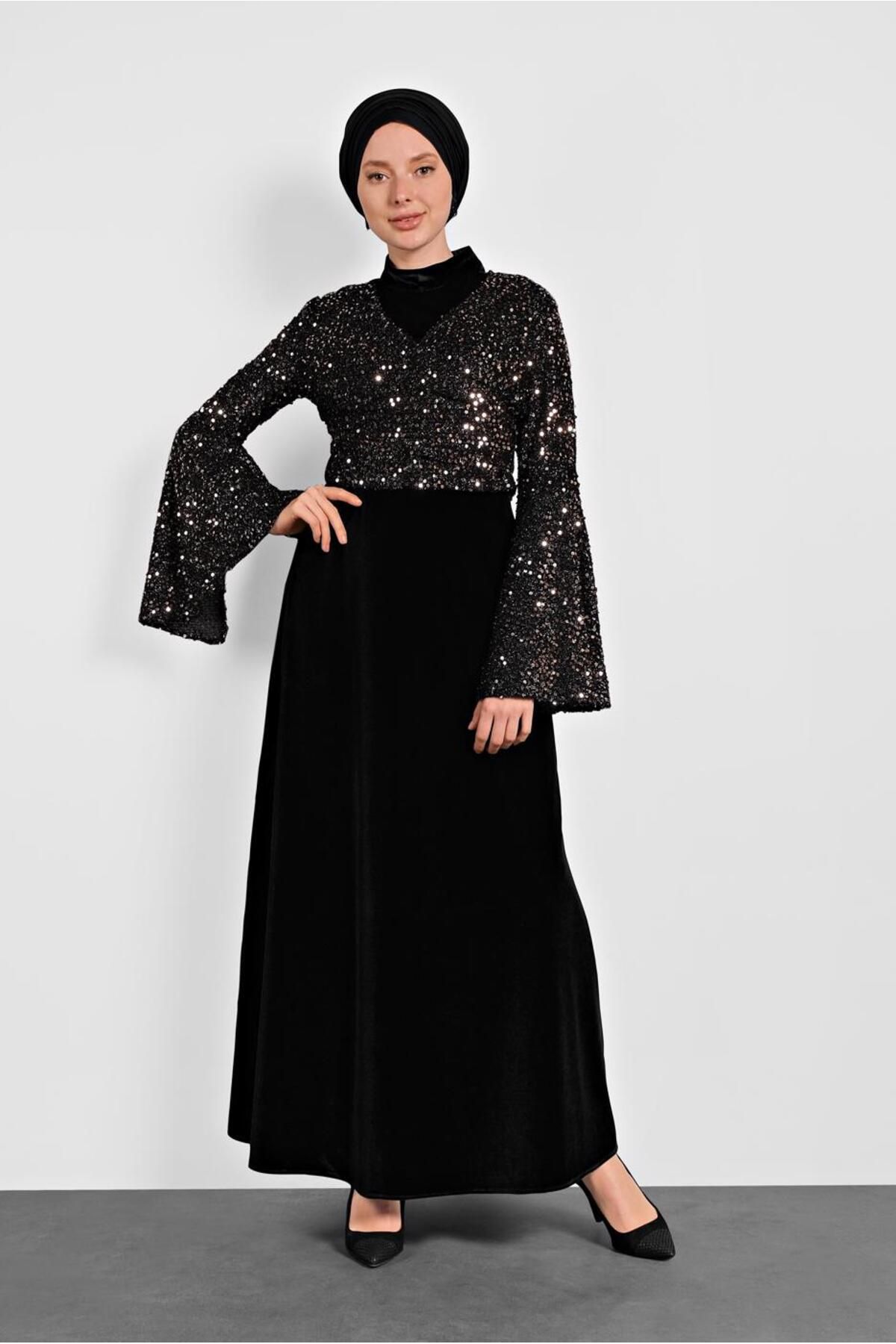 پیراهن پوشیده سیاه زنانه لباس آستین ترومپت SCALY 40291 آلوینا Alvina