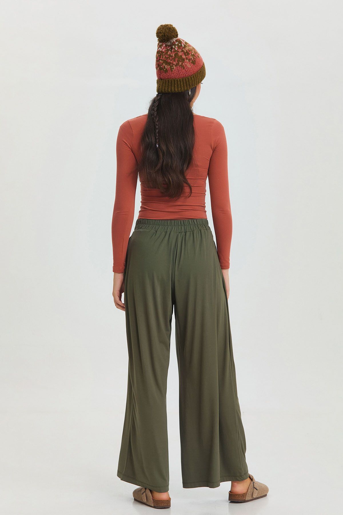 Clandestino-Khaki Wide Leg - Elastic Waist Comfortable Trousers 4