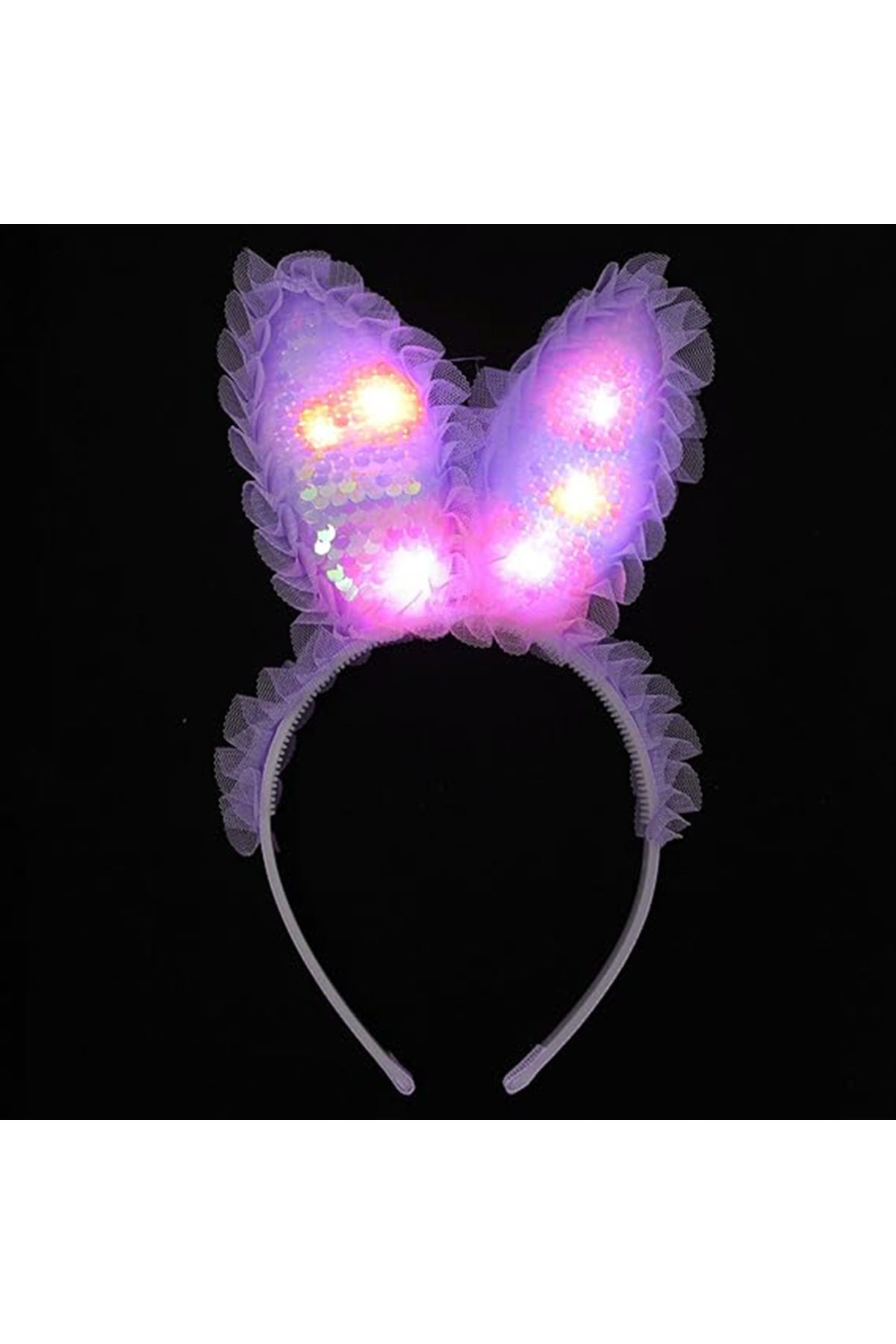 Avantaj Kapıda ® Kenarları Dantelli Mor Pullu Payetli Led Işıklı Tavşan Kulak Taç 23x19 cm (Tam Takım