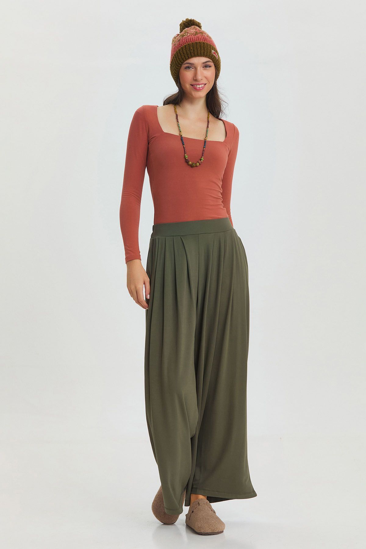 Clandestino-Khaki Wide Leg - Elastic Waist Comfortable Trousers 3