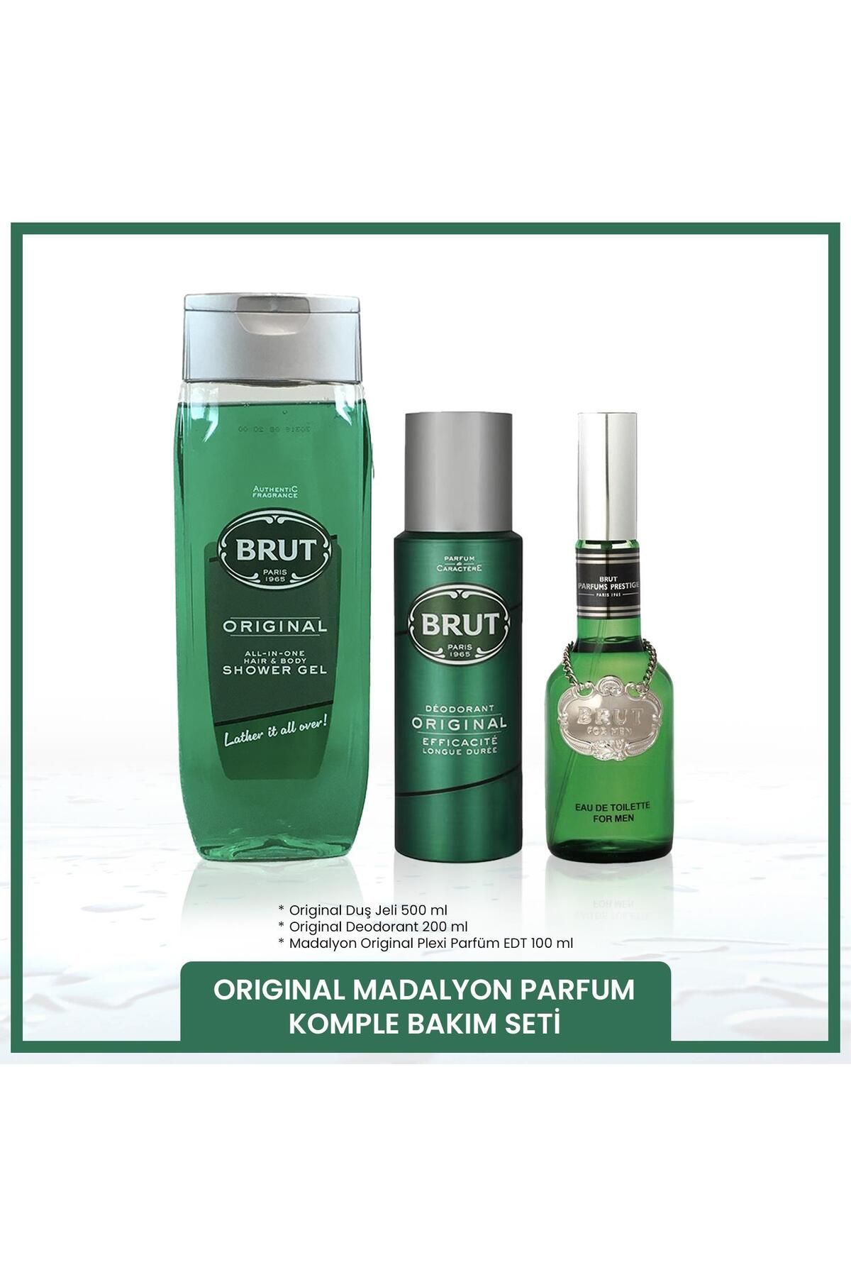 Brut Original Erkek Bakım Seti Madalyon Plexi Parfüm EDT 100 ml, Deodorant 200 ml, Duş Jeli 500 ml