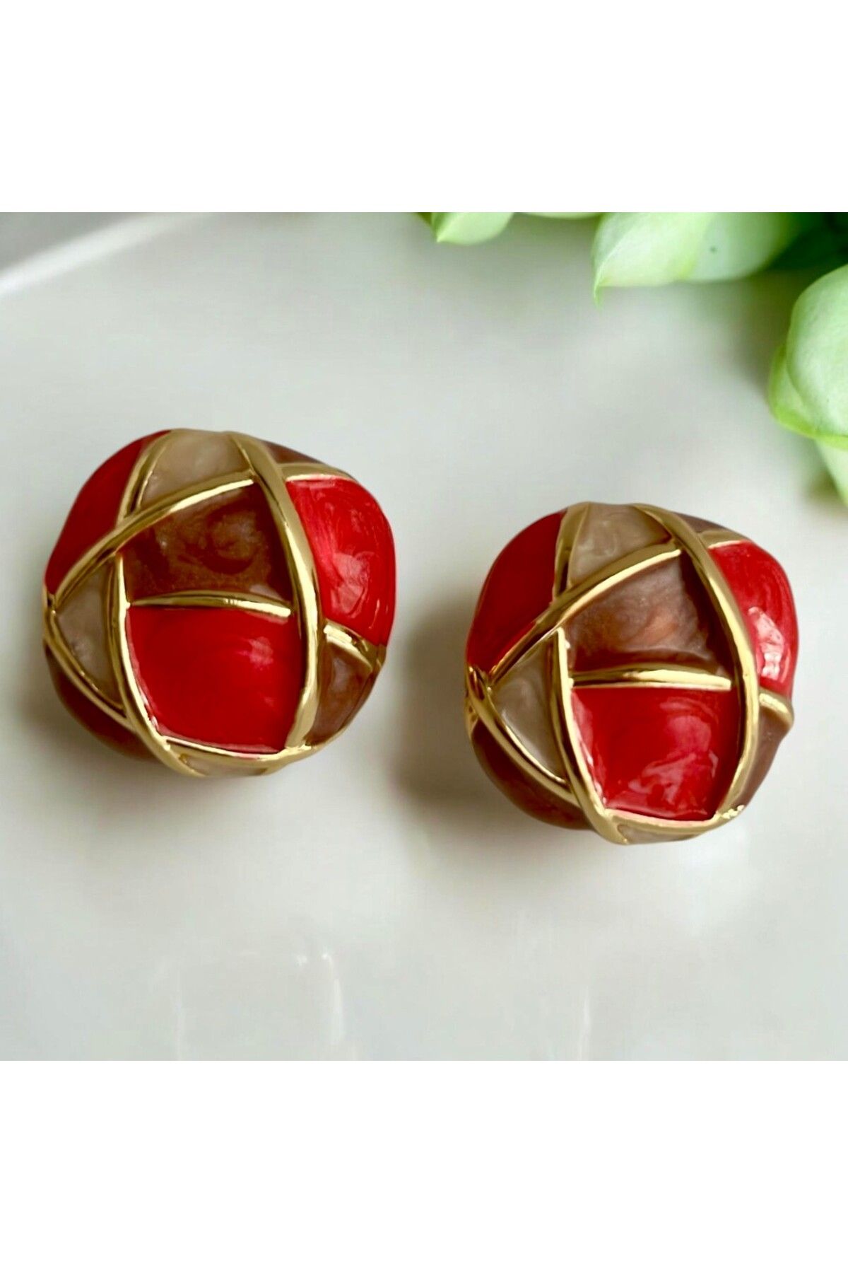 Kutcha Accessories-Colorful Modern Globe Earrings - Red and Brown Details with Gold Frame 3