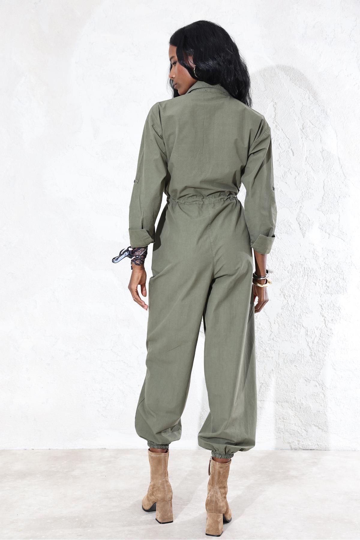 5in1Canpolat-1348 Model Khaki Jumpsuit - Drawstring Waist 6