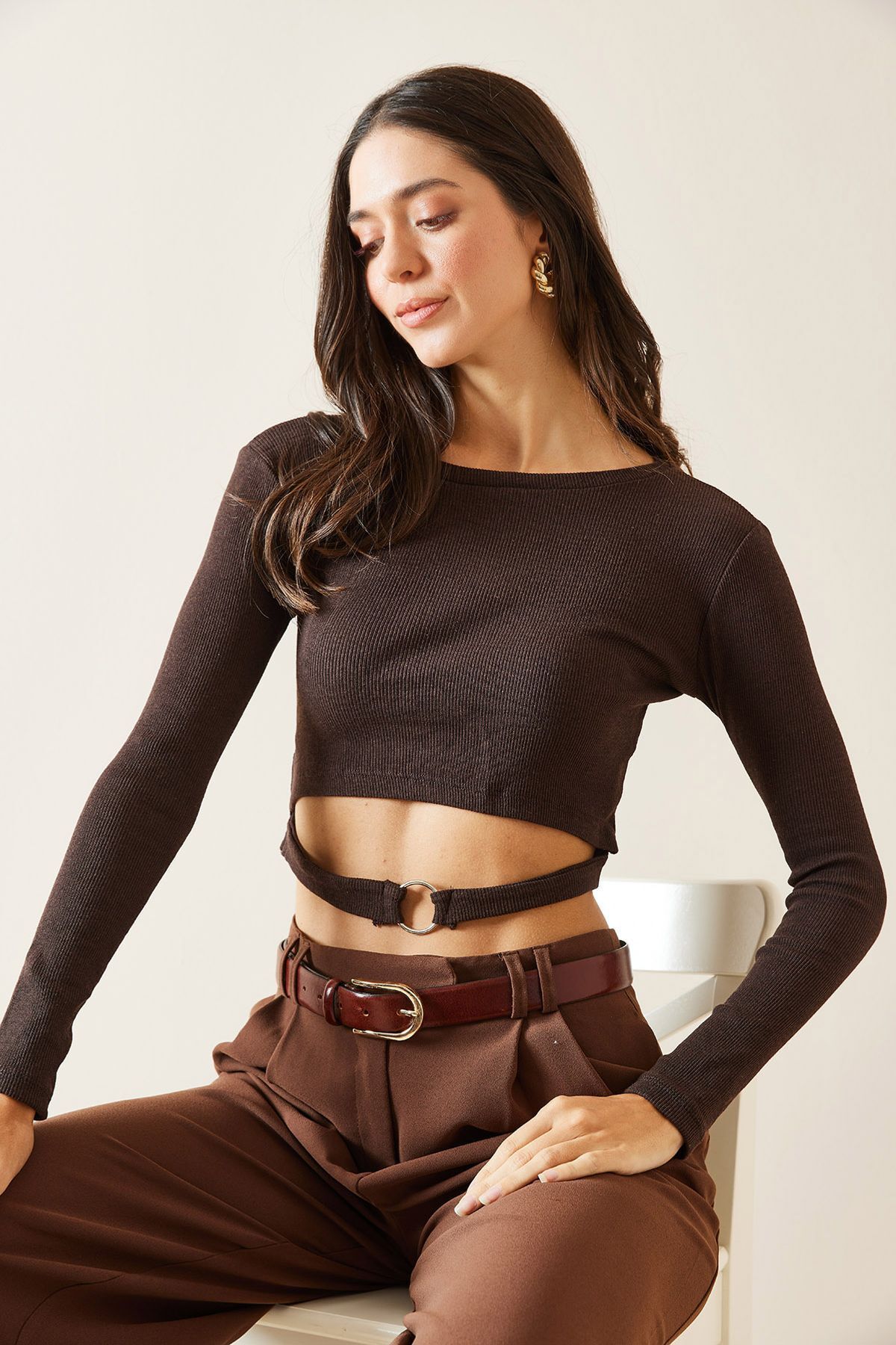 XHAN-Brown Ring Detailed Camisole Crop Blouse 5Kxk2-49014-18 1