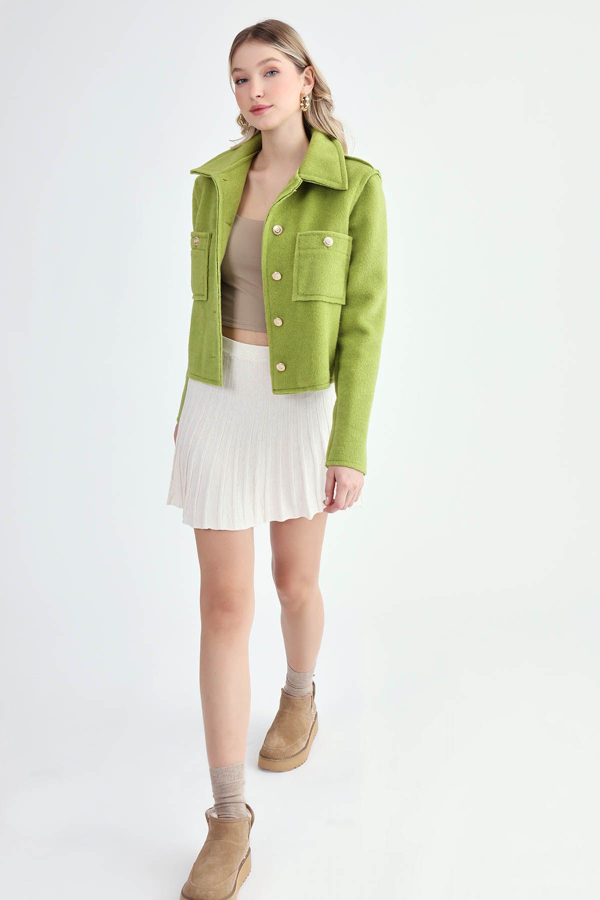 Vitrin-Gold Buttoned Reverse Stitching Felt Fabric Crop Jacket 2