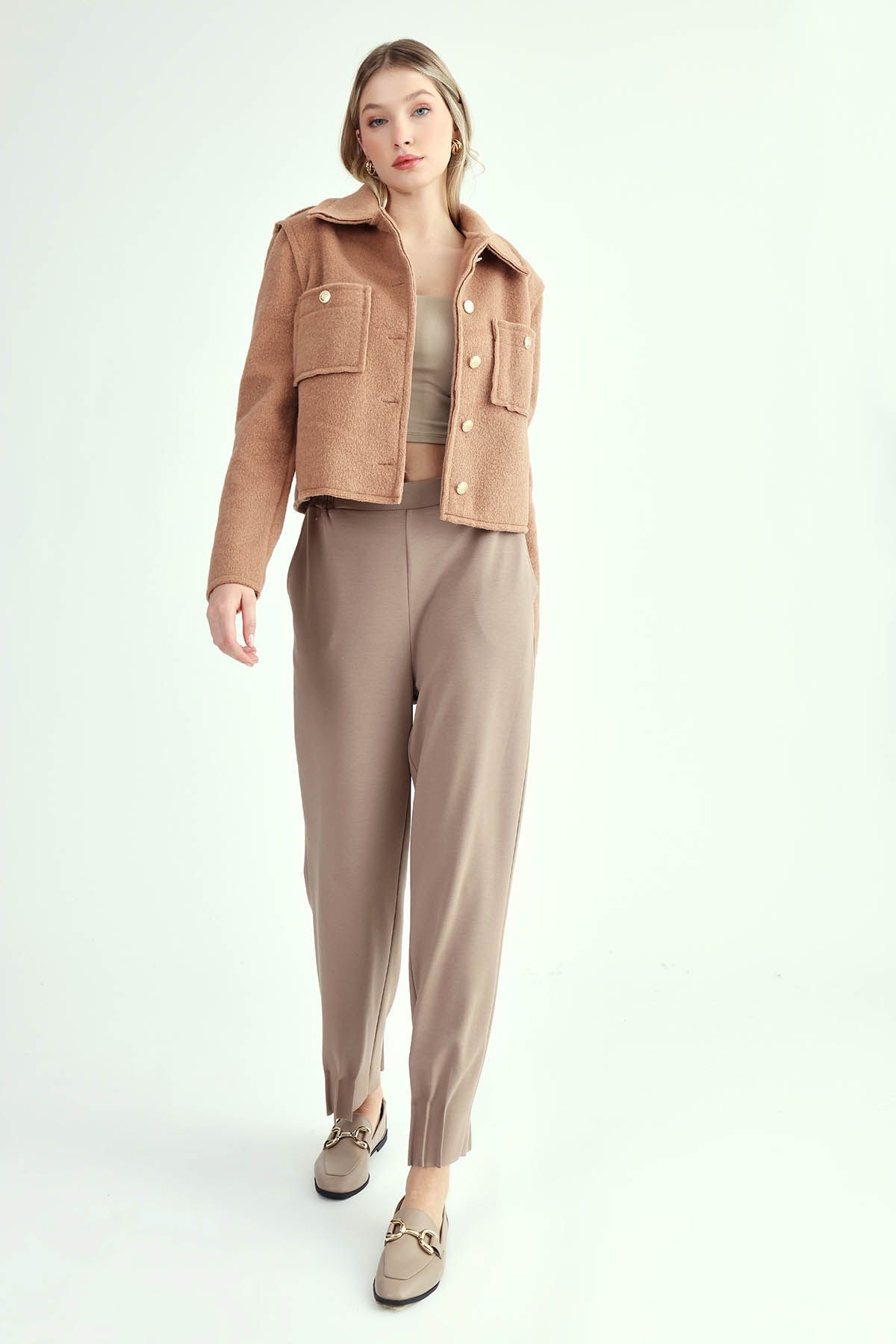 Vitrin-Gold Buttoned Reverse Stitching Felt Fabric Crop Jacket 2