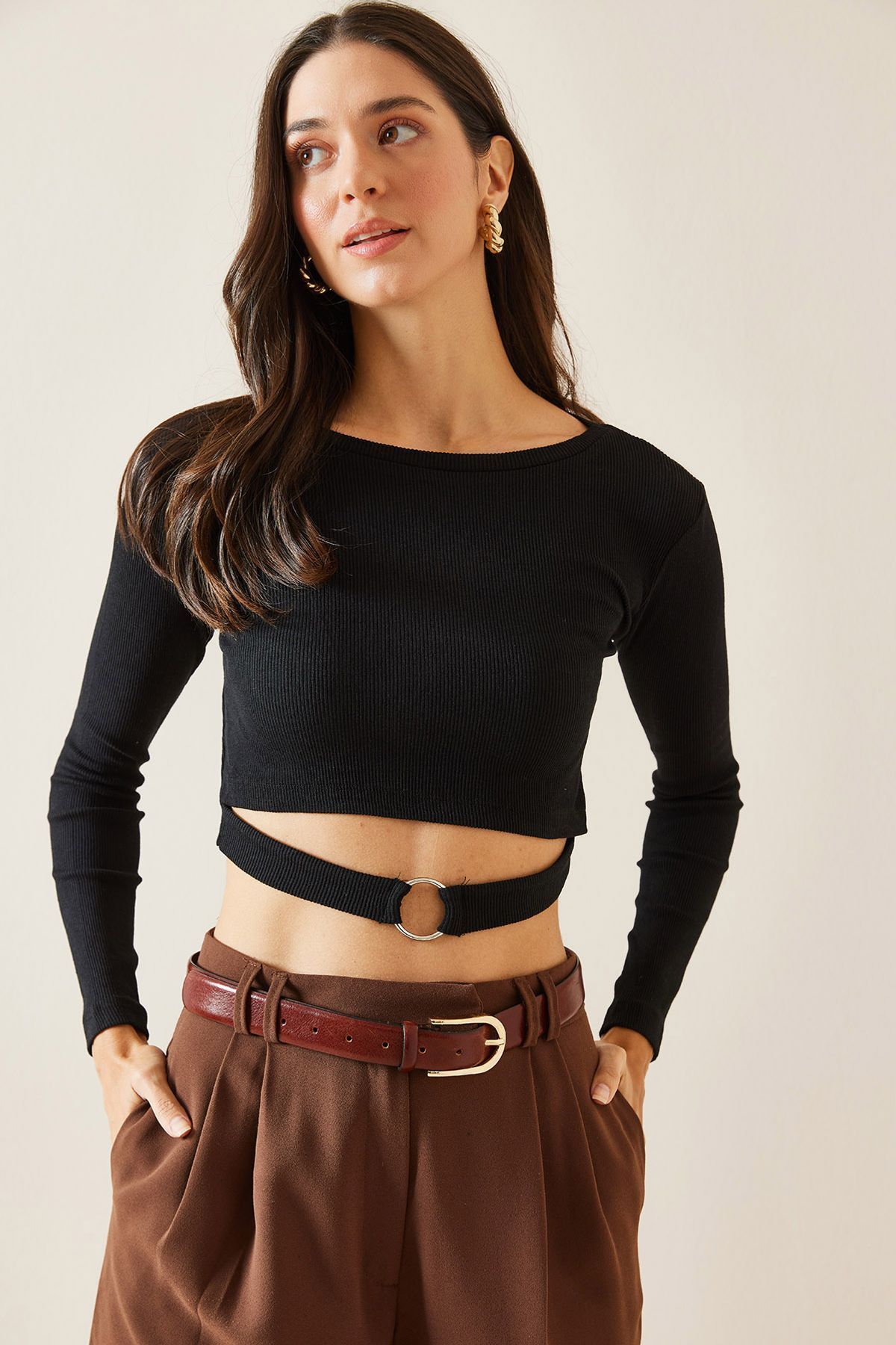 XHAN-Black Ring Detailed Camisole Crop Blouse 5Kxk2-49014-02 1