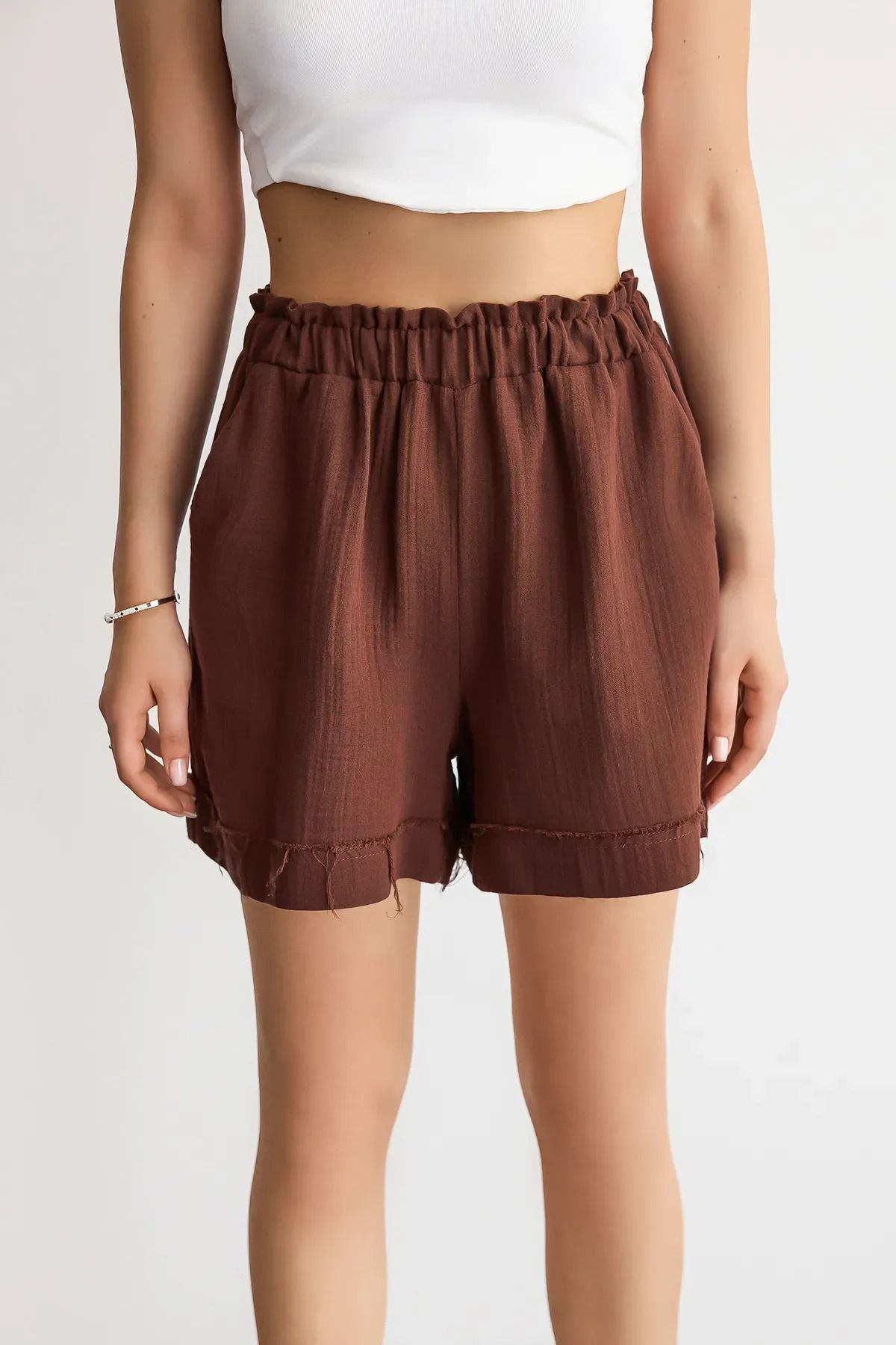 Hiccup-Muslin High and Elastic Waist Comfortable Cut Shorts 2
