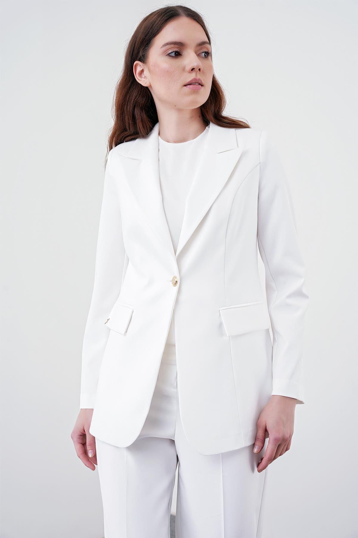 Zühre-Ecru Single Button Double Breasted Blazer Jacket - C-0070 5